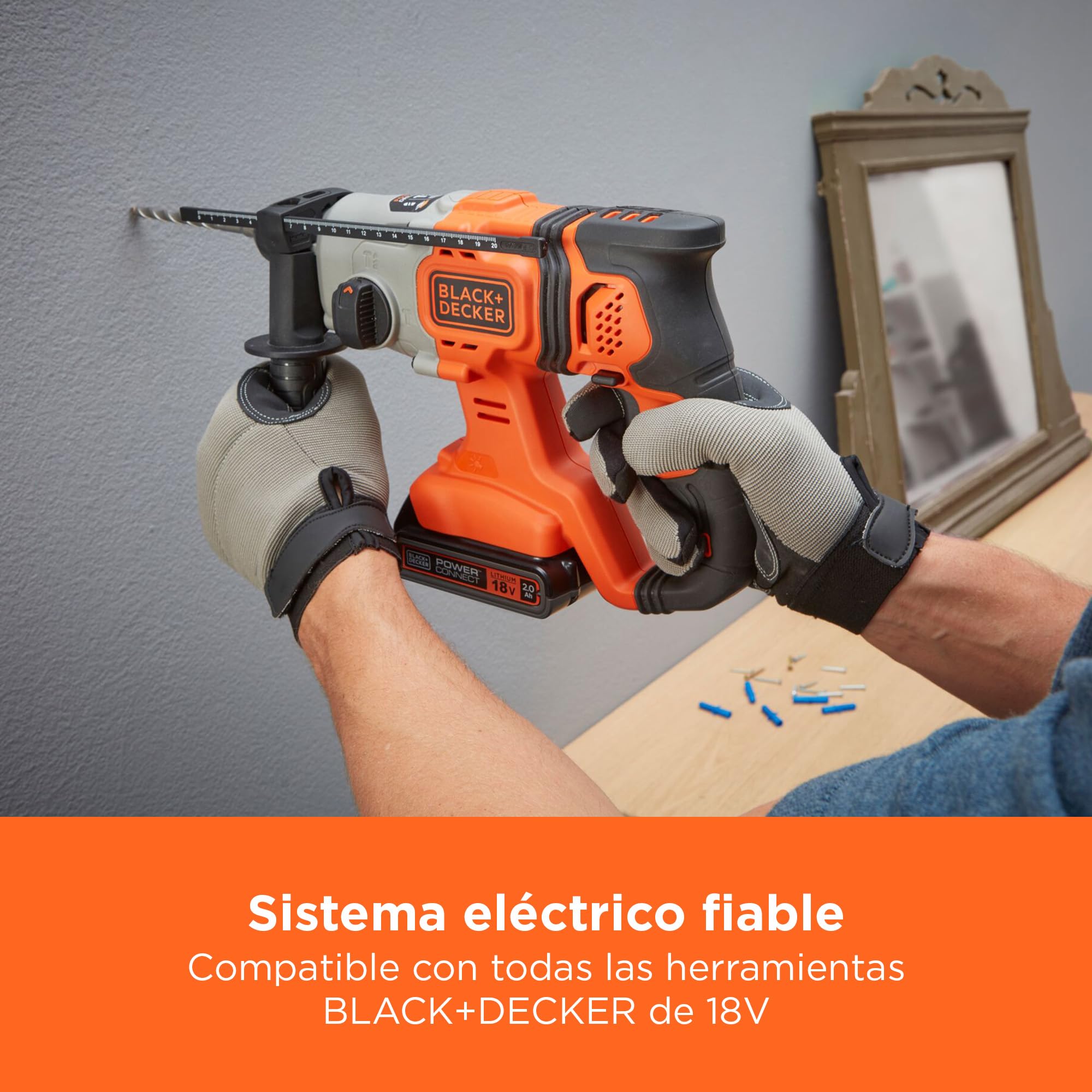 BLACK+DECKER Taladro percutor inalámbrico SDS-Plus 18V, batería 4,0Ah, cargador 2A, caja del kit, mango ajustable, luz LED, BCD900M1K-QW