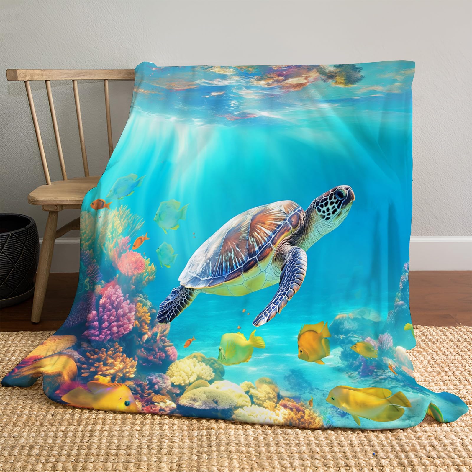Couverture polaire bleu océan 130x150 cm au motif de tortues de mer et coraux pour lit et canapé