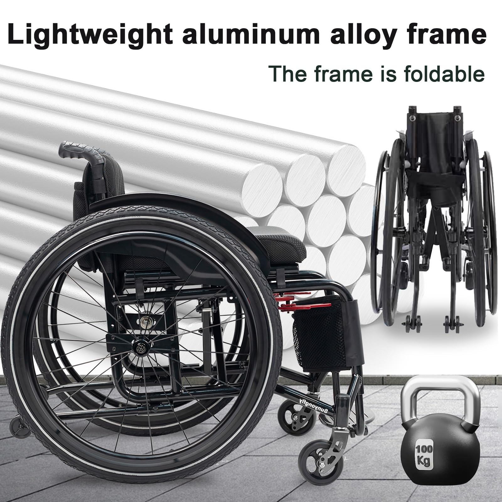 Lekki składany sportowy wózek inwalidzki ze stopu aluminium z podnóżkiem i poduszką do siedzenia dla dorosłych (szerokość siedziska: 42 cm)