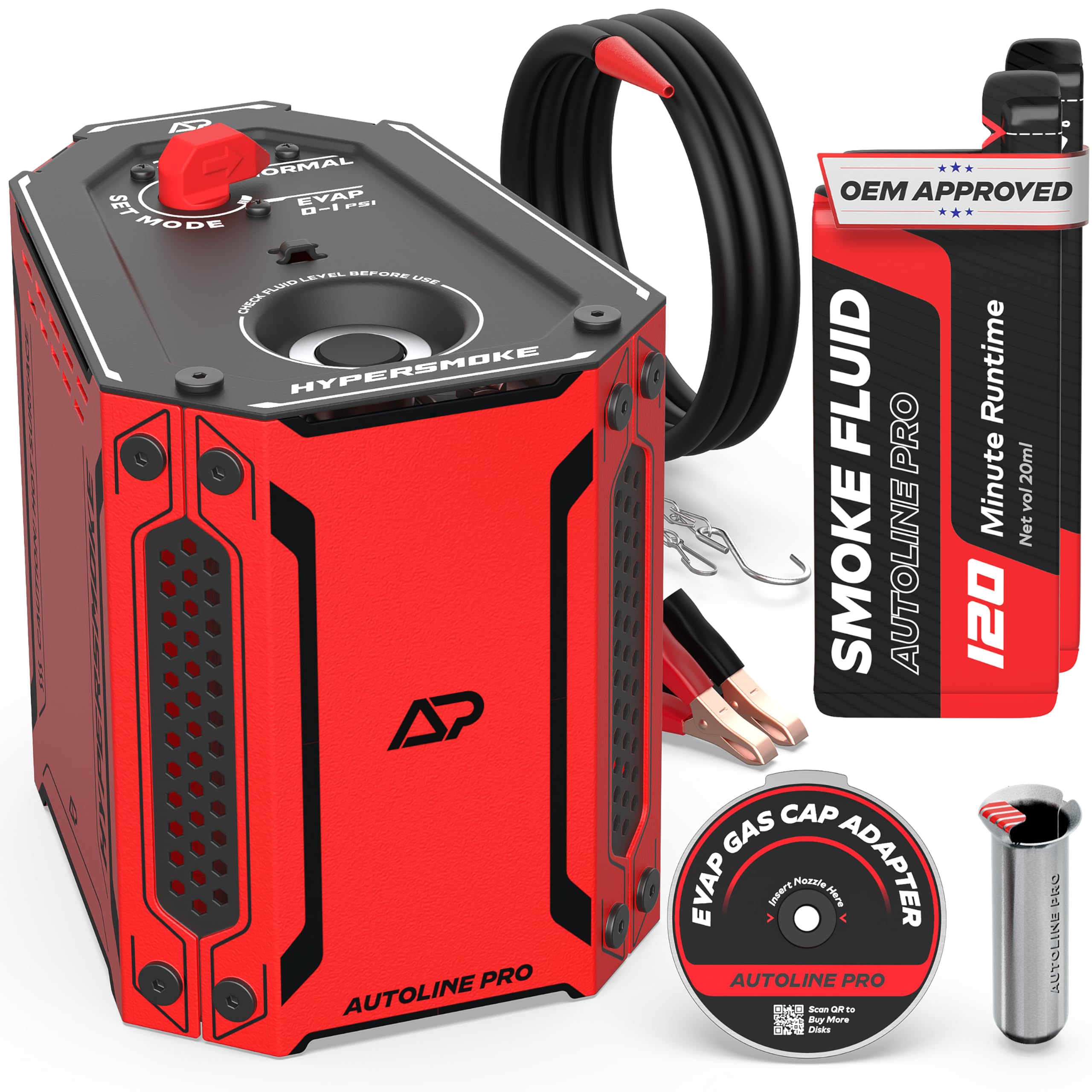 AutoLine Pro HyperSmoke 02 - Probador de Fugas con Bomba de Aire integrada de 1 a 20 PSI, probador de Humo automotriz para detección de Fugas de aspiradora, Bobina de Humo de cerámica, Adaptador