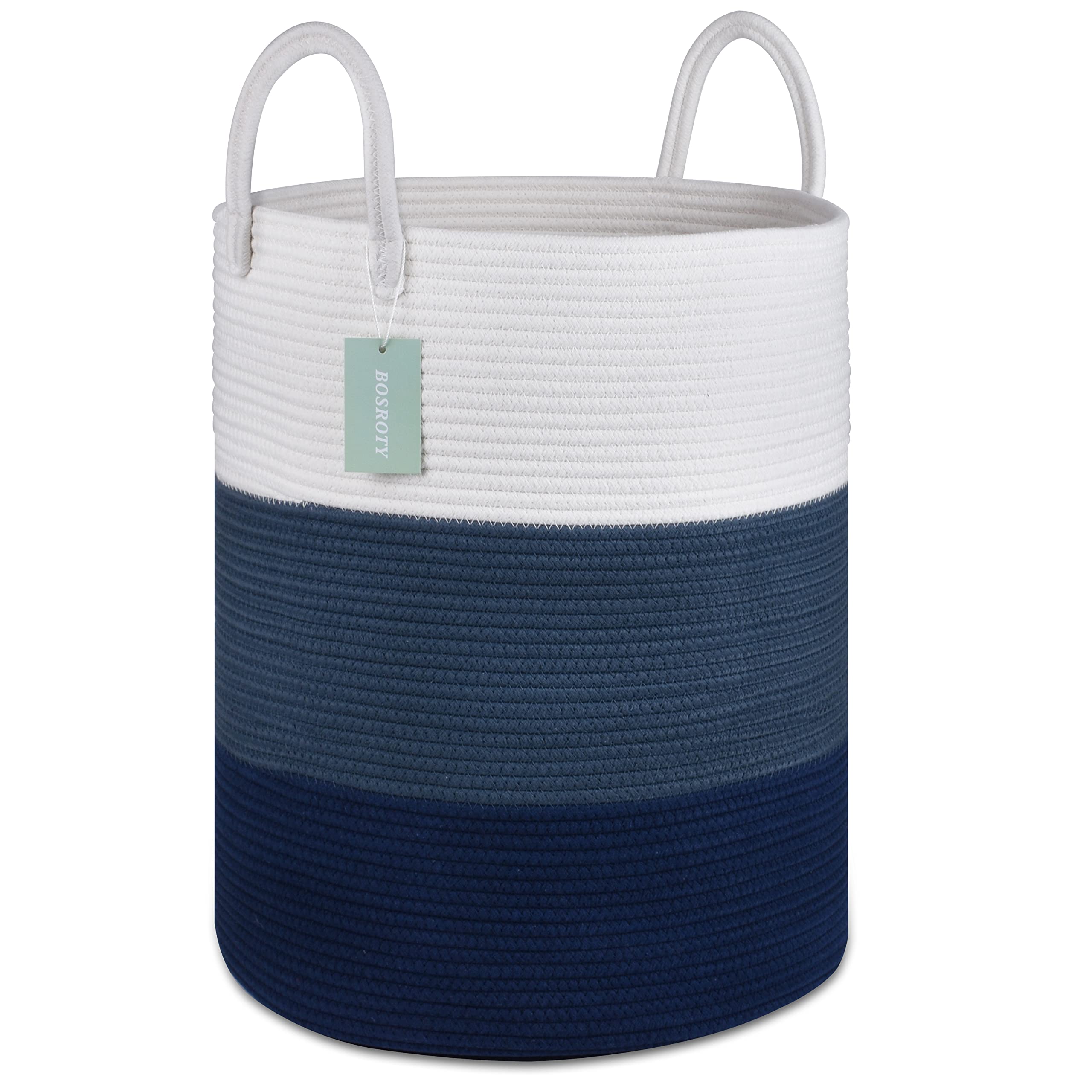 BOSROTY Large Blanket Basket, Tall Laundry Hamper 65L, Nursery Basket with Handles for Storage Toys Clothes Towels, Cotton Rope Woven Organiser, 40 x 50 CM, White & Cadet Blue & Navy Blue