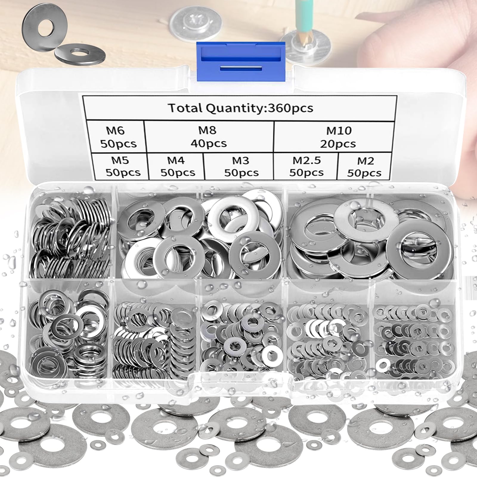 Flat Washers, 360 Pieces Washers 8 Sizes Stainless Steel Flat and Lock Washers Assortment Set for Screws Bolts