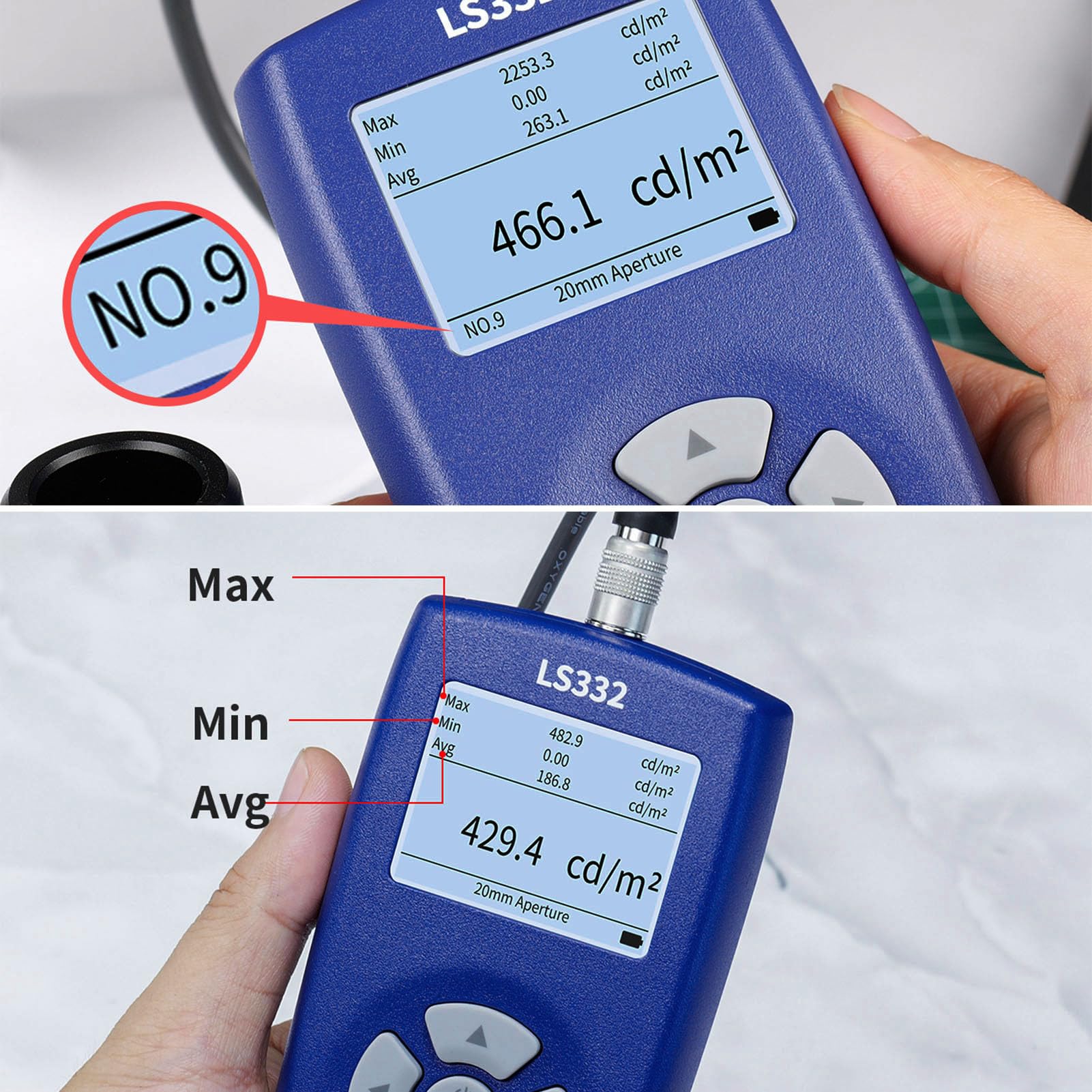 Jectse Medidor de Luz LCD, Iluminación de Iluminación Digital Luces de Medición de Luxeter 0.01~1,000,000 CD/m², Medición del Parpadeo con Sonda, Análisis de Curvas de Espectro para