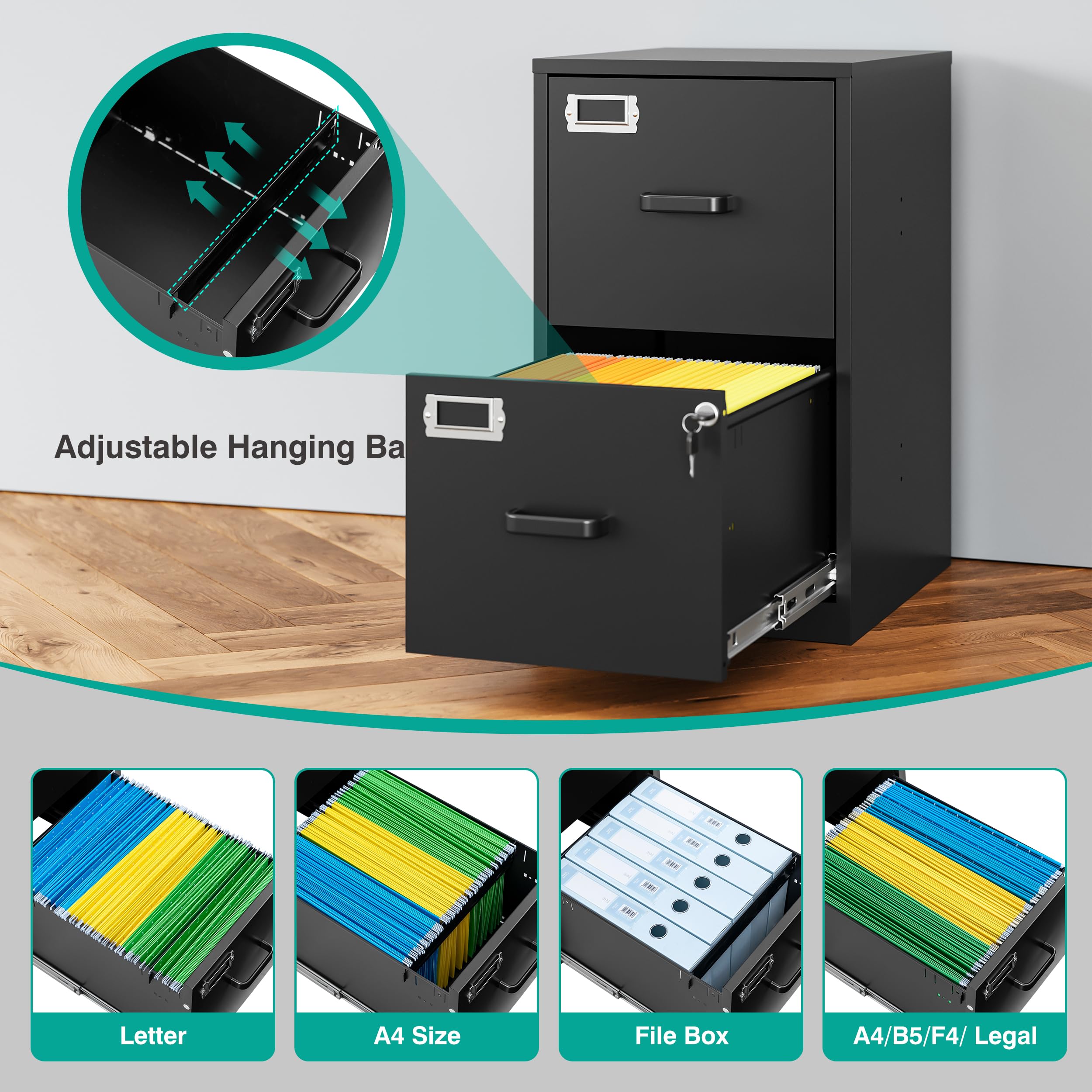 SISESOL 2 Drawer File Cabinet with Lock,Narrow Vertical Filing Cabinet,Under Desk File Cabinets,Black Metal File Cabinets for Home Office,Fit Letter Size,Files Folder,Easy Assemble