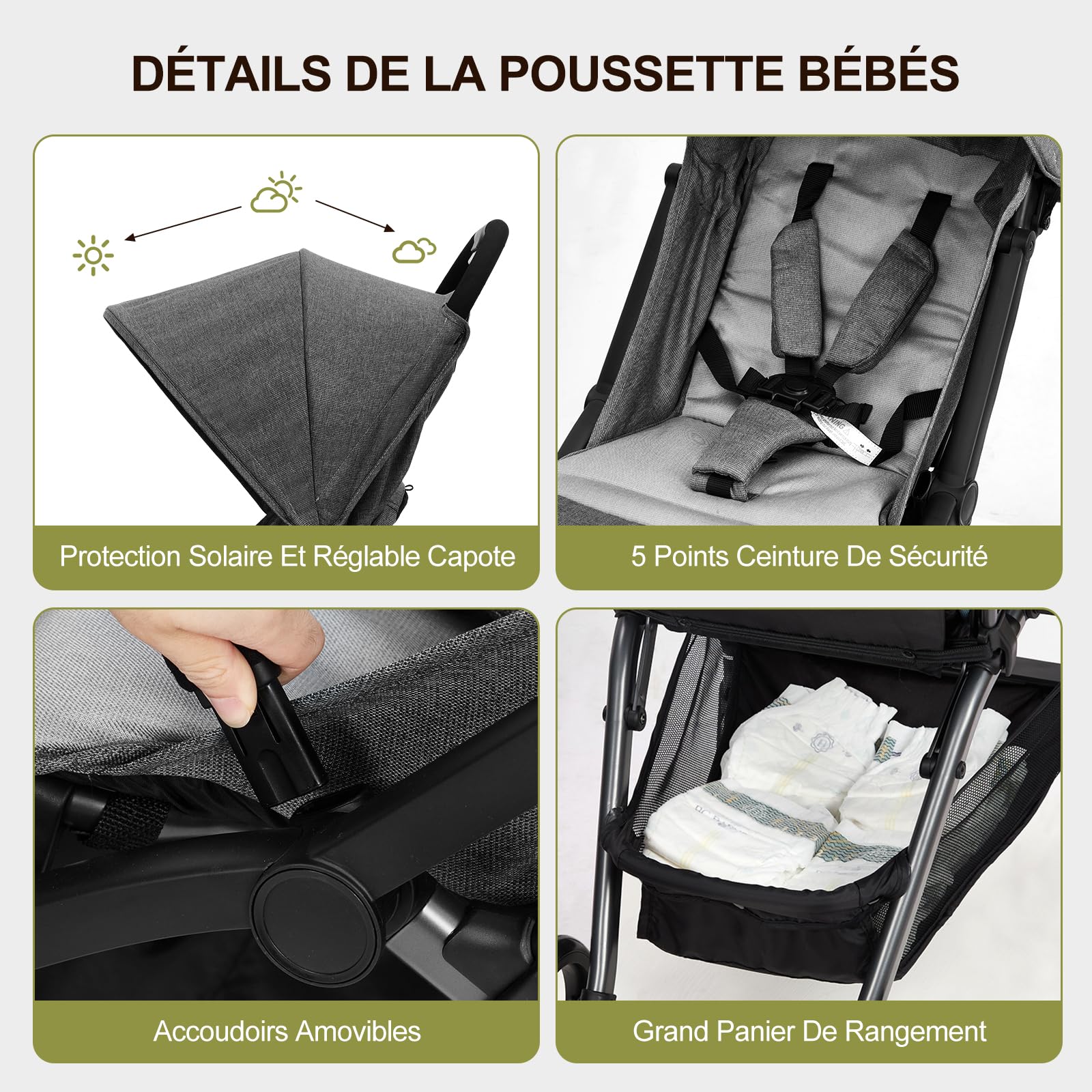 Sillas De Paseo Ultraligero, Silla Paseo Bebe Compacta Plegable Para Recién Nacidos Hasta 22 kg, Con Asiento Reversible y Ruedas De EVA，Plegable Con Una Sola Mano, Respaldo Ajustable