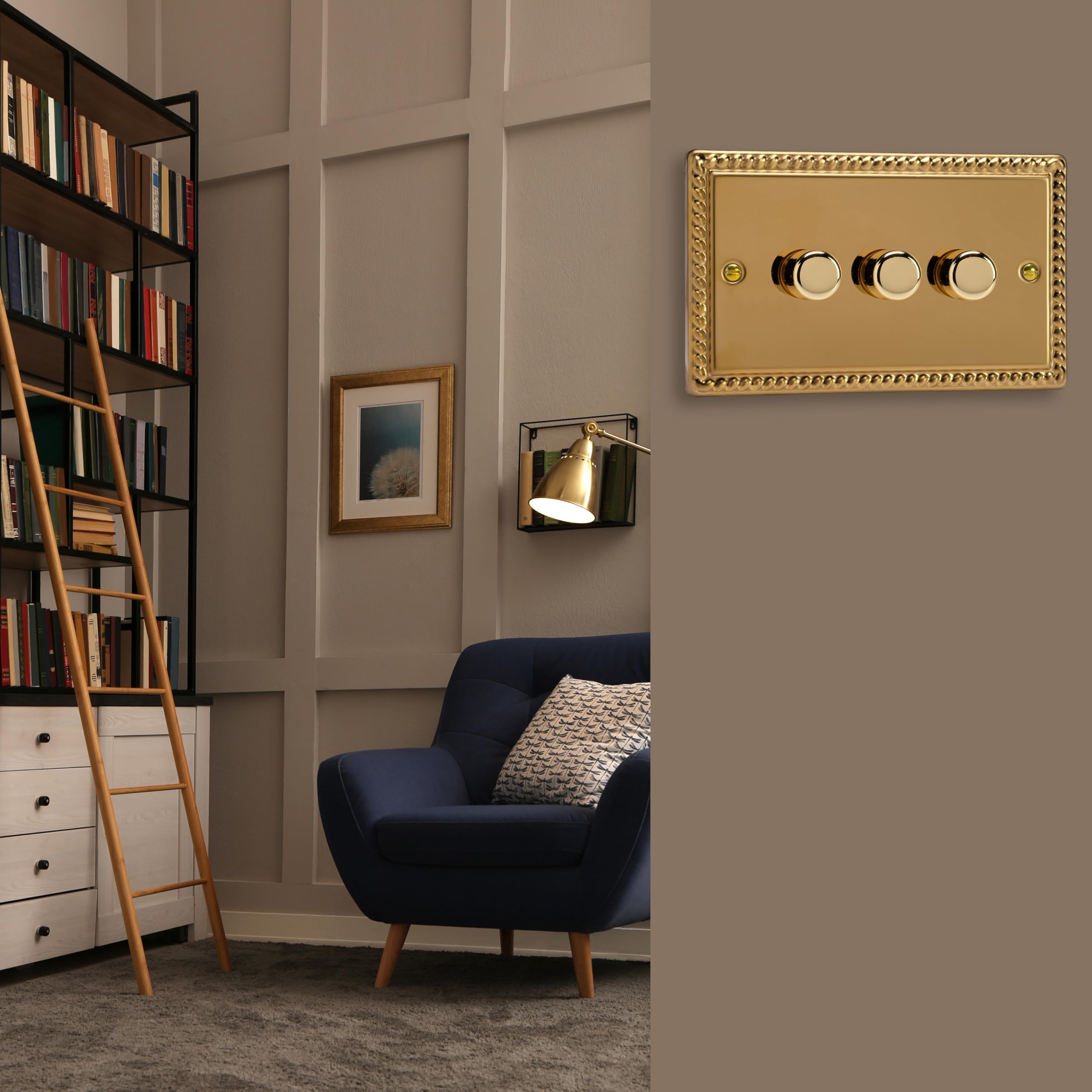 Varilight Interruttore dimmer LED in ottone georgiano, serie V-Pro, 3 uscite (doppio), 1 o 2 vie, 300 Watt (bordo finale)