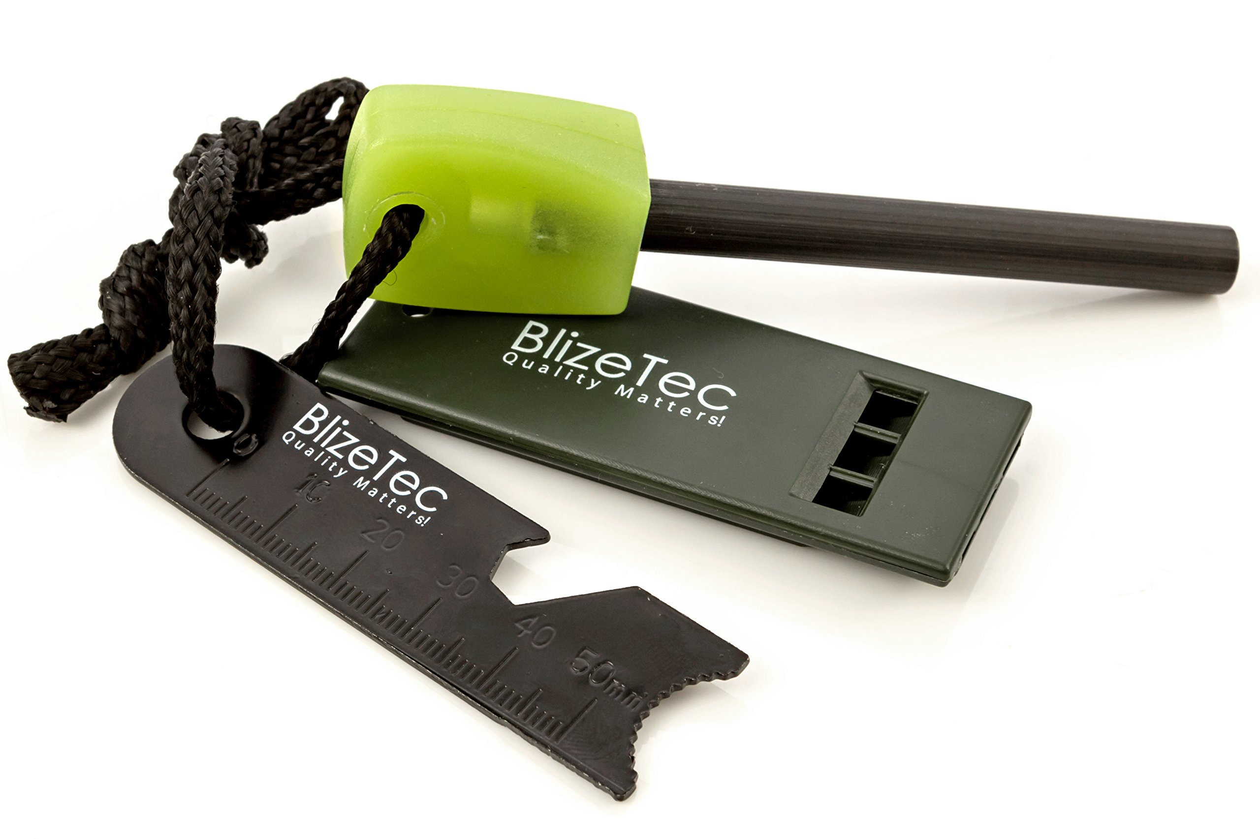 BlizeTec Fire Starter: 6-in-1 Magnesium Emergency Camping Flint Kit with Luminous Green Handle, Mini Ruler, Bottle Opener, Serrated Edge and Rescue Whistle; Last Up to 12,000 Strike