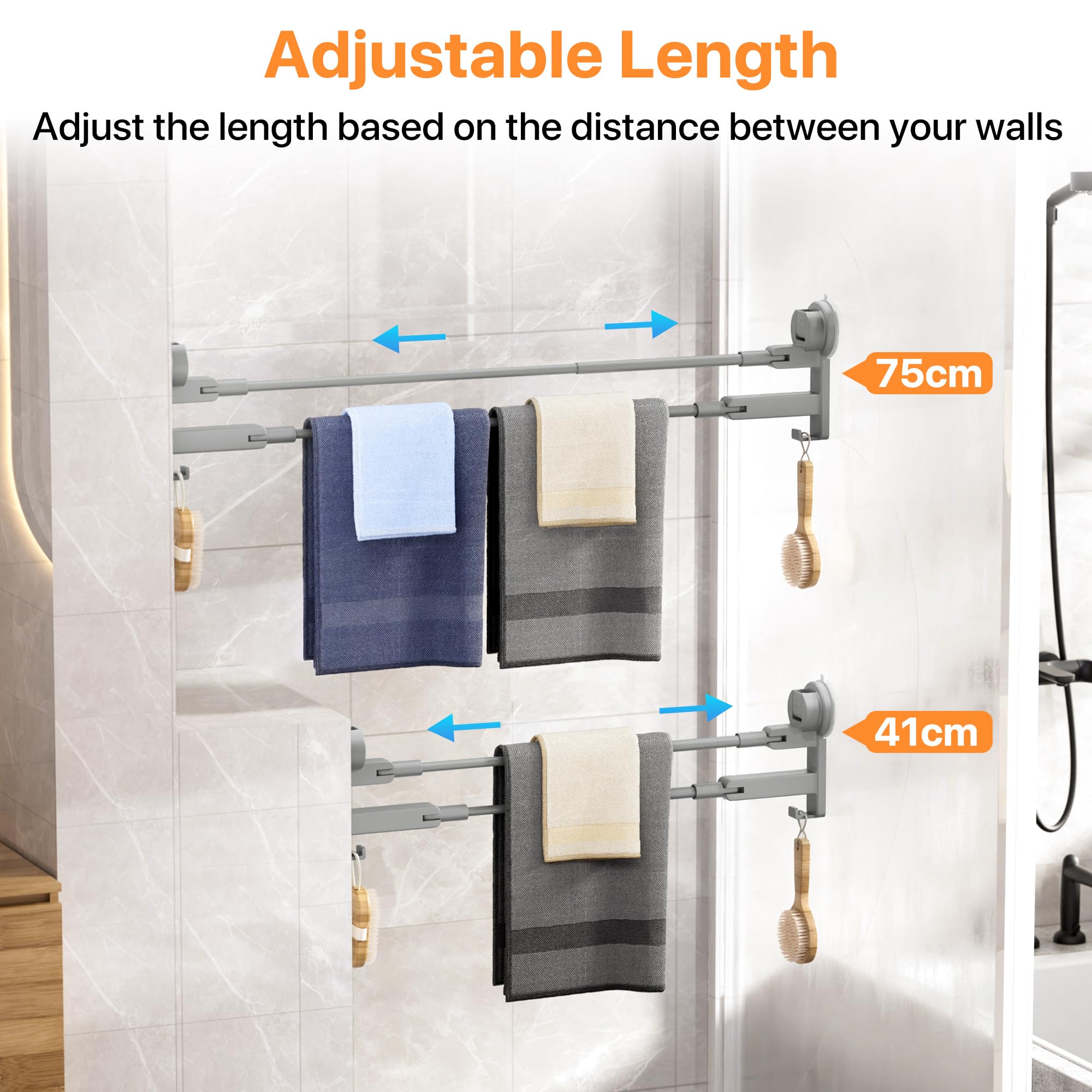 COCASES Towel Holder Suction Cup No Drilling Bathroom Towel Rail Double for Shower Wall without Gluing Towel Holder with 2 Towel Hooks and Adjustable Length for Kitchen Door Dark Grey 64-125 cm - Image 4