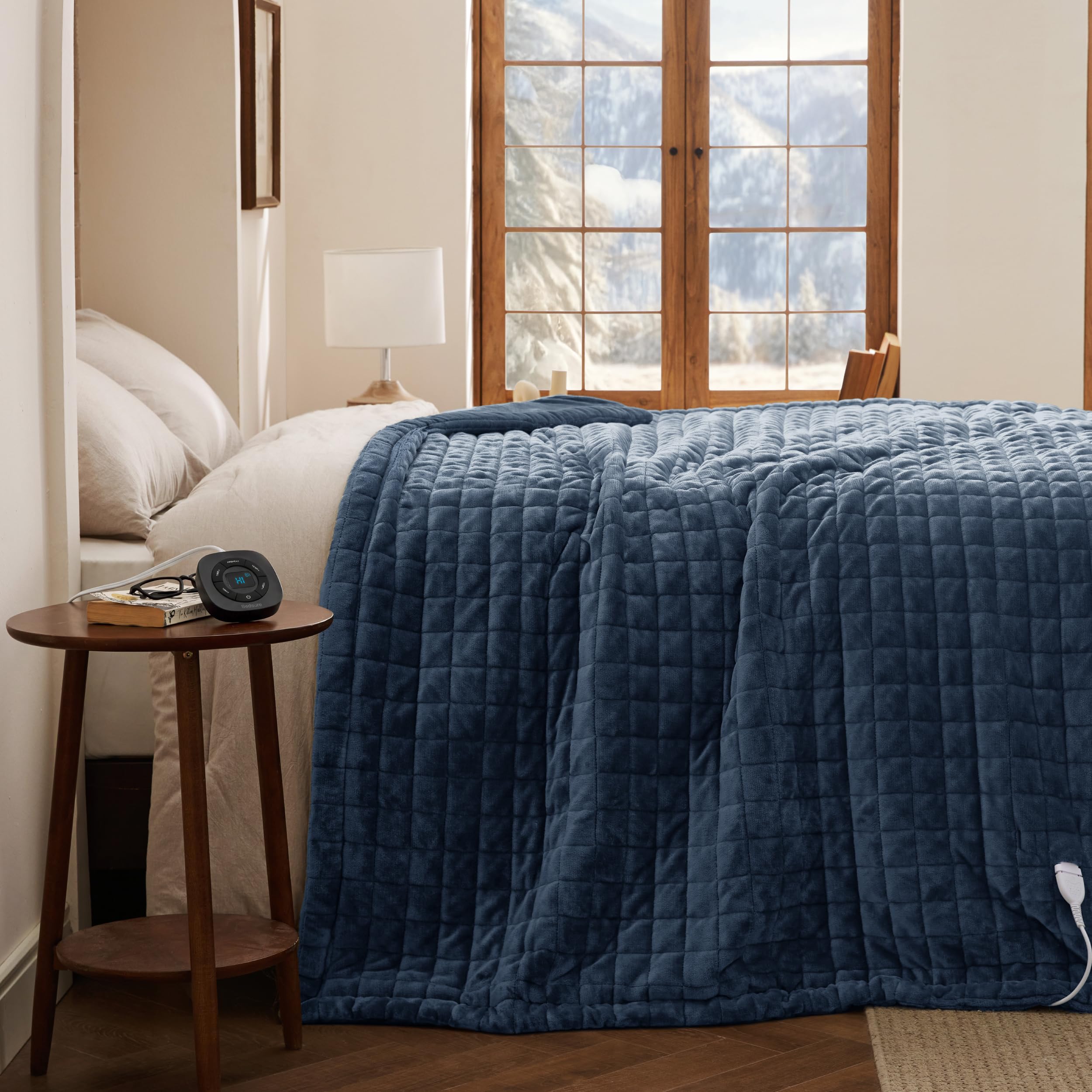 Bedsure Luxury Quilted Heated Blanket Twin, Thick Electric Blanket, Blue