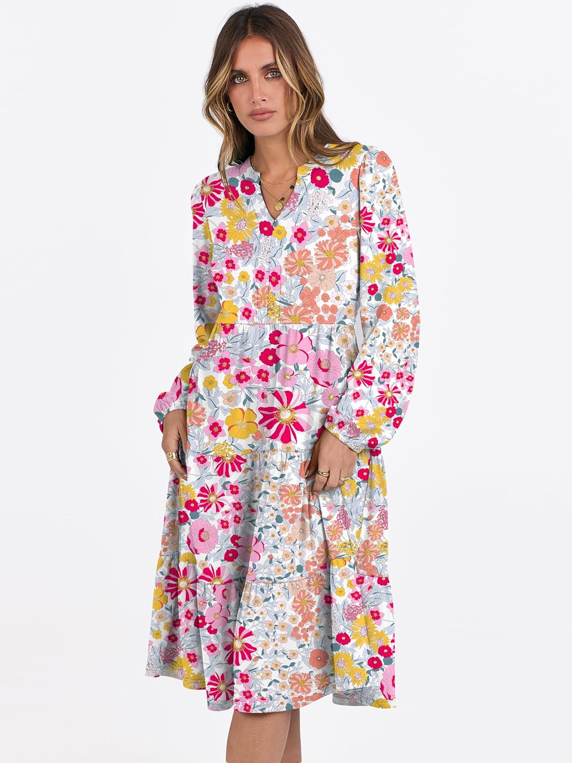 ANRABESS Long Sleeve Midi Dresses for Women V Neck 2025 Fall Fashion Casual Loose Fit Flowy Swing Tiered Vacation Boho Dress - Image 3