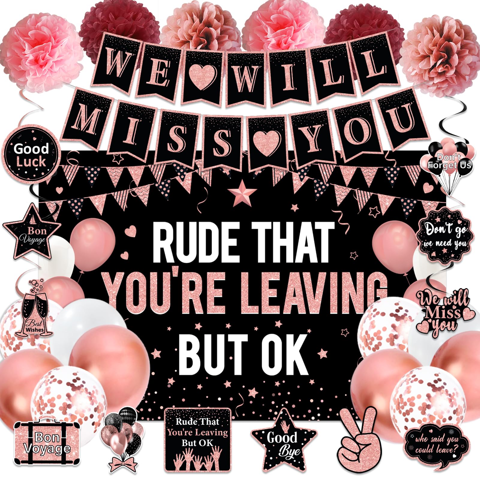 Going Away Party Decorations for Women, Rose Gold We Will Miss You Party Supplies - Rude That You'Re Leaving But Ok Banner Swirls Pompoms Balloons,