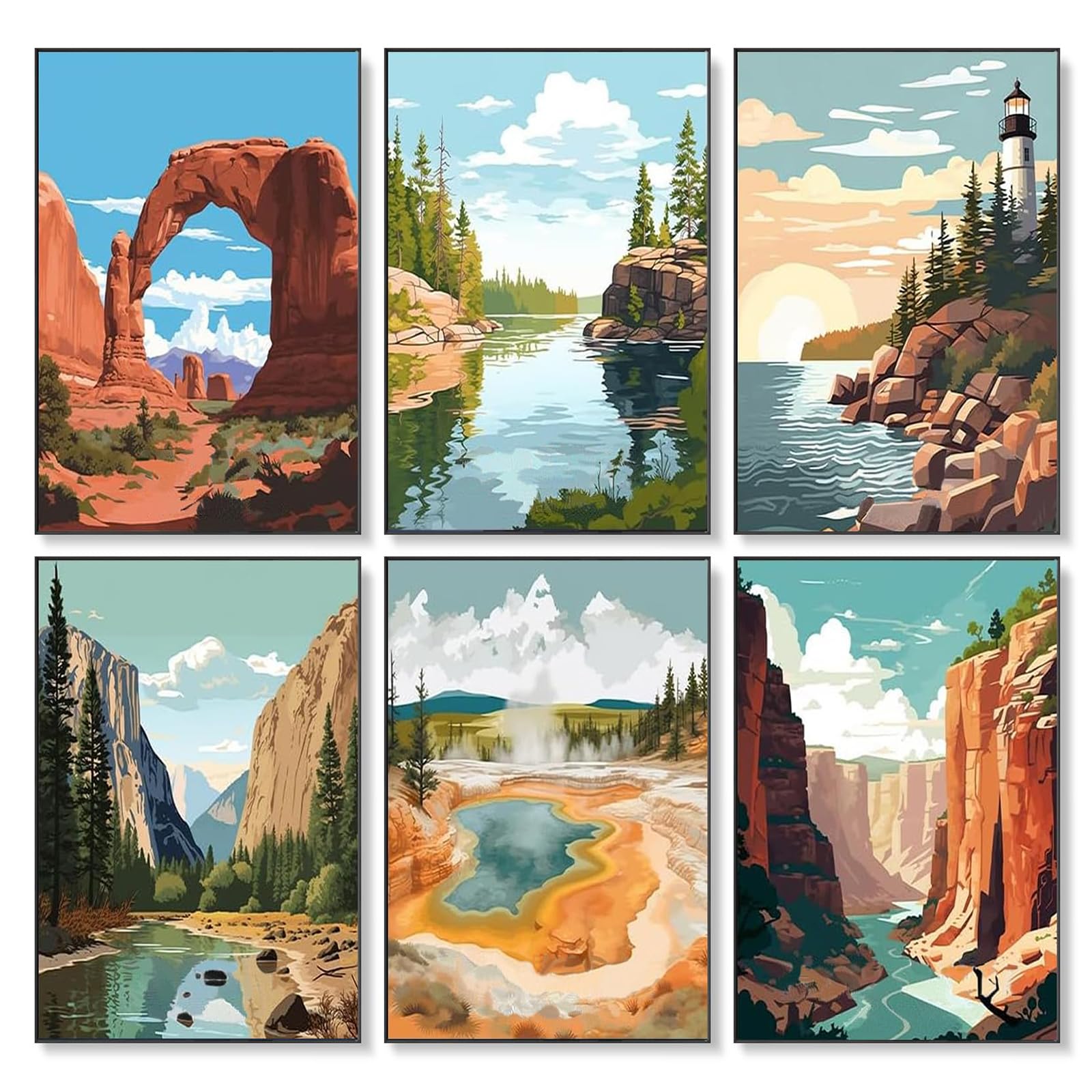 6 Piezas Set de Pintar por Números para Adultos Principiantes Parque Nacional Lienzo Pintar por Números Sin Marco Paisaje del Parque Nacional Pintura Oil por Núm