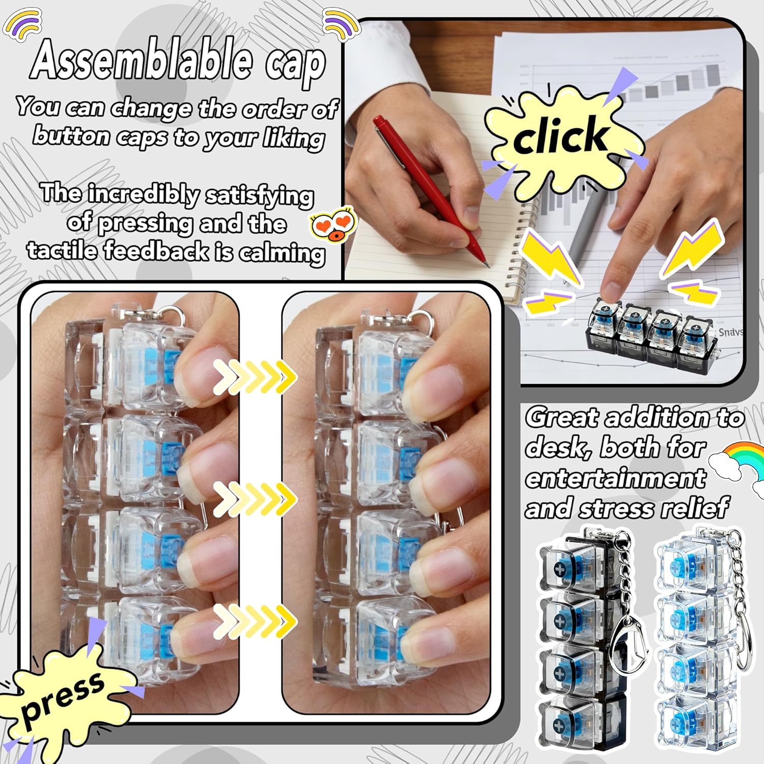 2 PCS Clear & Black Keyboard Fidget Toy, Bear Shape Keyboard Fidget Keychain 4-in-1 Keyboard Decompression Button Finger Clicker Toys, Button Stress Relief Fidget Gifts to Relief Stress (Bear)