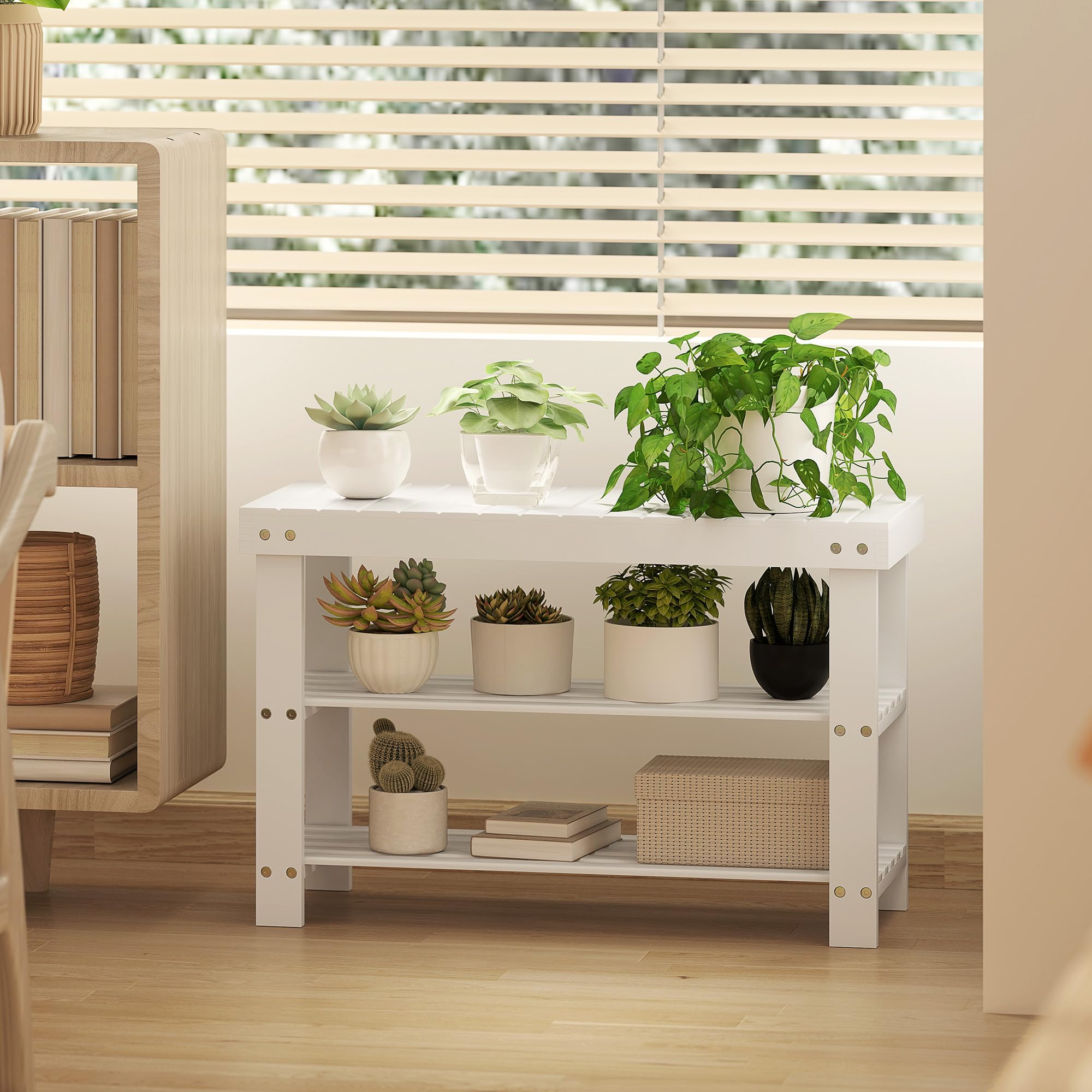 HOMCOM Banco Zapatero de Bambú Zapatero con Asiento Organizador de Zapatos de 3 Niveles para 6 Pares Zapatos para Entrada Salón Dormitorio 70x28x45 cm Blanco