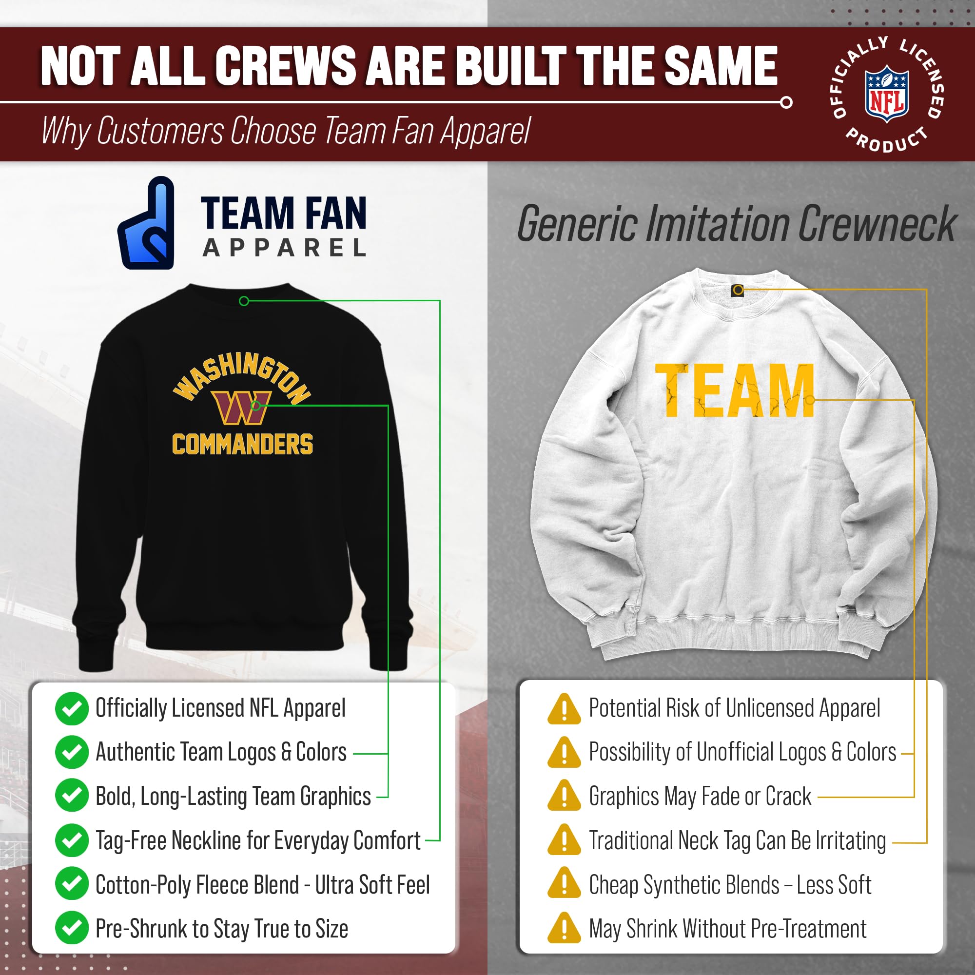 Team Fan Apparel NFL Adult Gameday Football Crewneck Sweatshirt - Cotton Blend - Stay warm, Comfortable & stylish on Game Day | Offiziell lizenzierte NFL-Fan-Bekleidung – Unisex-Rundhalsausschnitt mit Air-Jet-Garn, tagless Fit, Thermodruck-Grafik