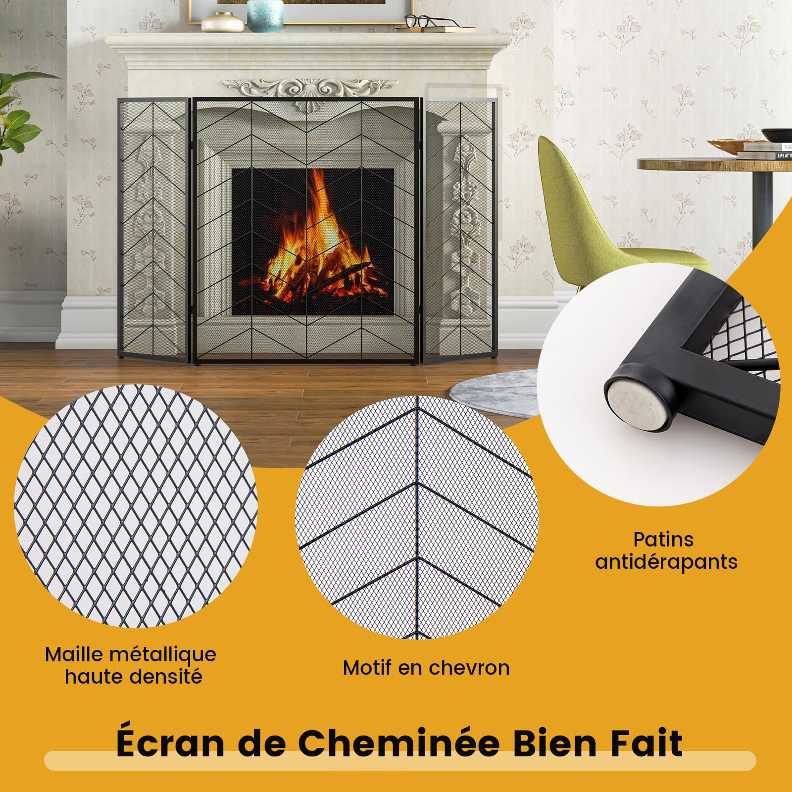 COSTWAY Pare-Feu de Cheminée Pliable à 3 Panneaux, Écran de Cheminée en Métal 132 x 79 cm, Pare-étincelles en Maille, Grille de Protection pour Poêle, Aucun Assemblage (Motif à Chevrons)