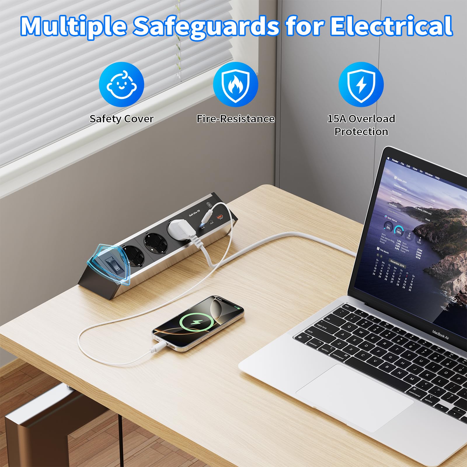 Regleta de Escritorio con USB-C PD 65W GAN, 3 Tomas, con Pinza | USB-C2 y USB-A hasta 25W, carcasa de aluminio, interruptor, protección contra sobrecargas, cable 3 m, oficina y escritorio