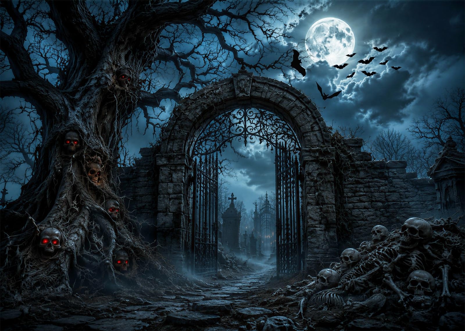 BELECO 4.6x3m Tessuto Sfondo Halloween Cancello Cimitero Spettrale | Albero Con Teschi Cimitero Spaventoso Porta Di Ferro Scheletro Teschio Luna Piena Pipistrello Notte Nebbiosa Telo Di Sfondo