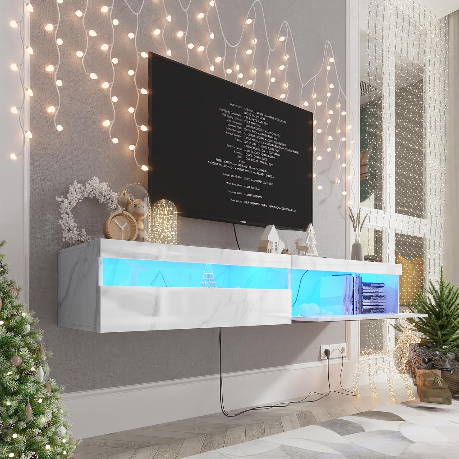 Floating TV Stand with Led Lights, 71 inch Wall Mounted TV Shelf with Power Outlet, Modern Entertainment Center Media Console with Storage Cabinet, Up to 80 Inch TVS, White Slate