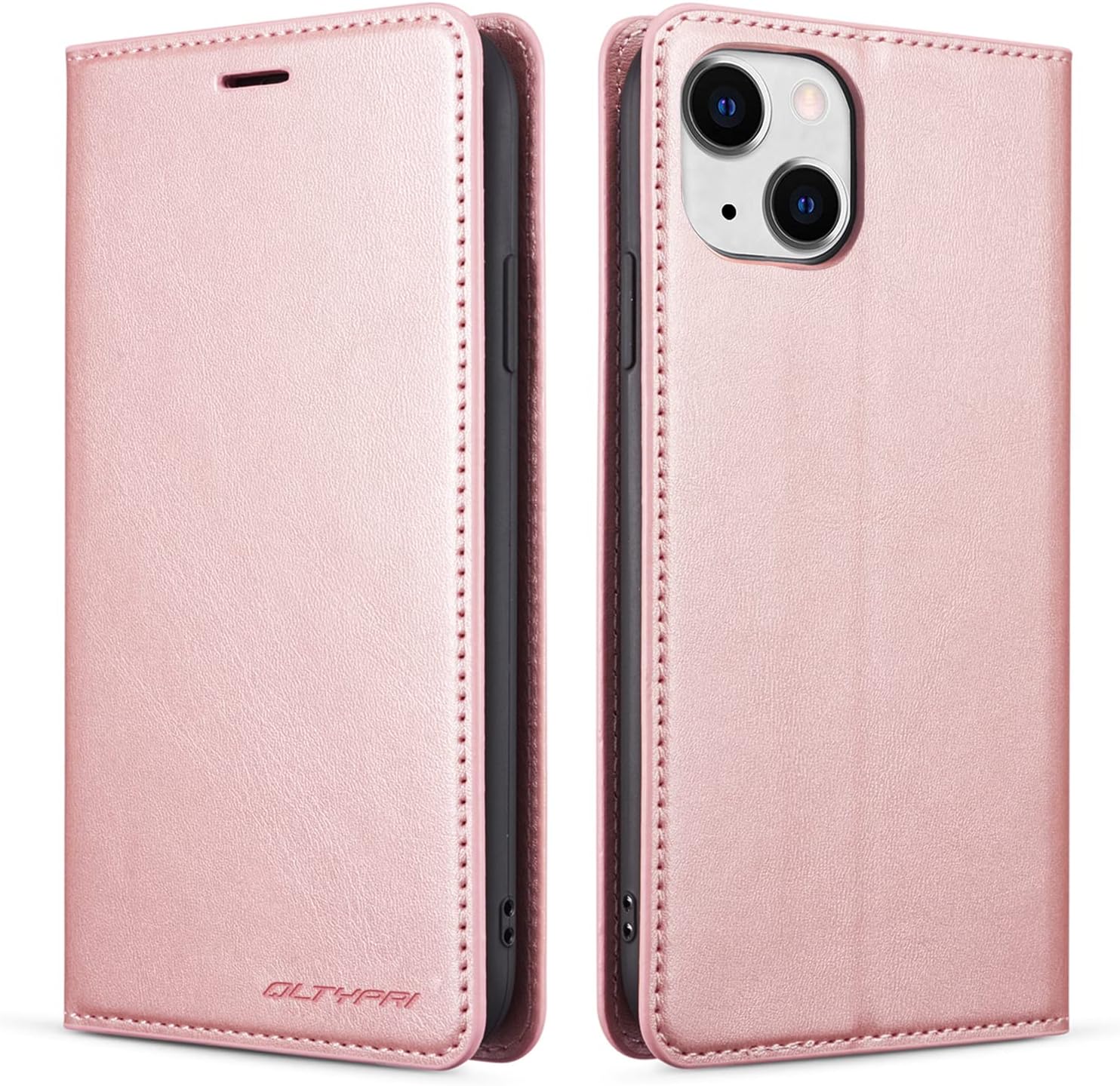 iphone 13 – QLTYPRI Étui portefeuille en cuir PU de qualité supérieure pour iPhone 13 (emplacements pour cartes) (fermoir magnétique) (fonction support) à rabat pour iPhone 13 – Or rose