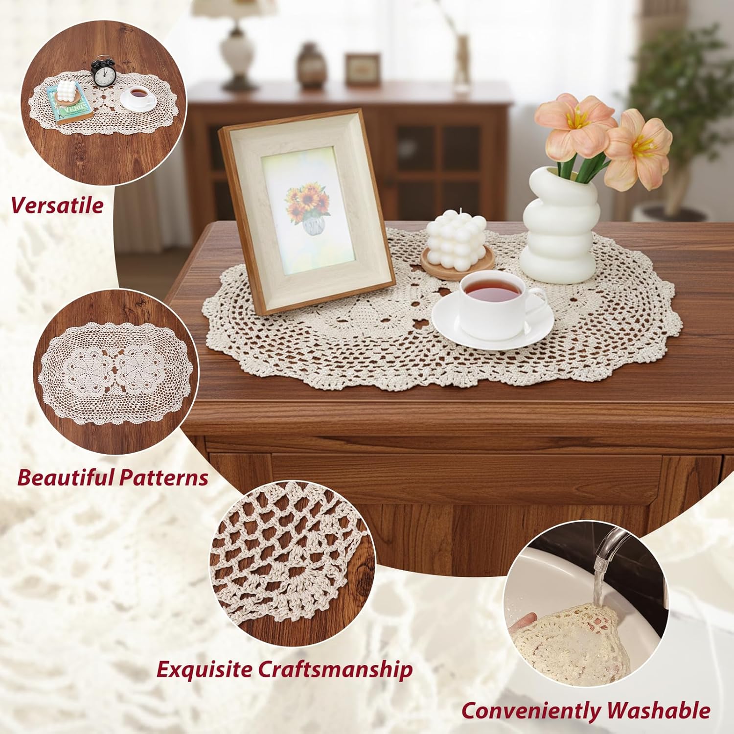 kilofly Crochet Cotton Lace Placemats Doilies 4pc, Oval, Beige, 15 x 23 inch