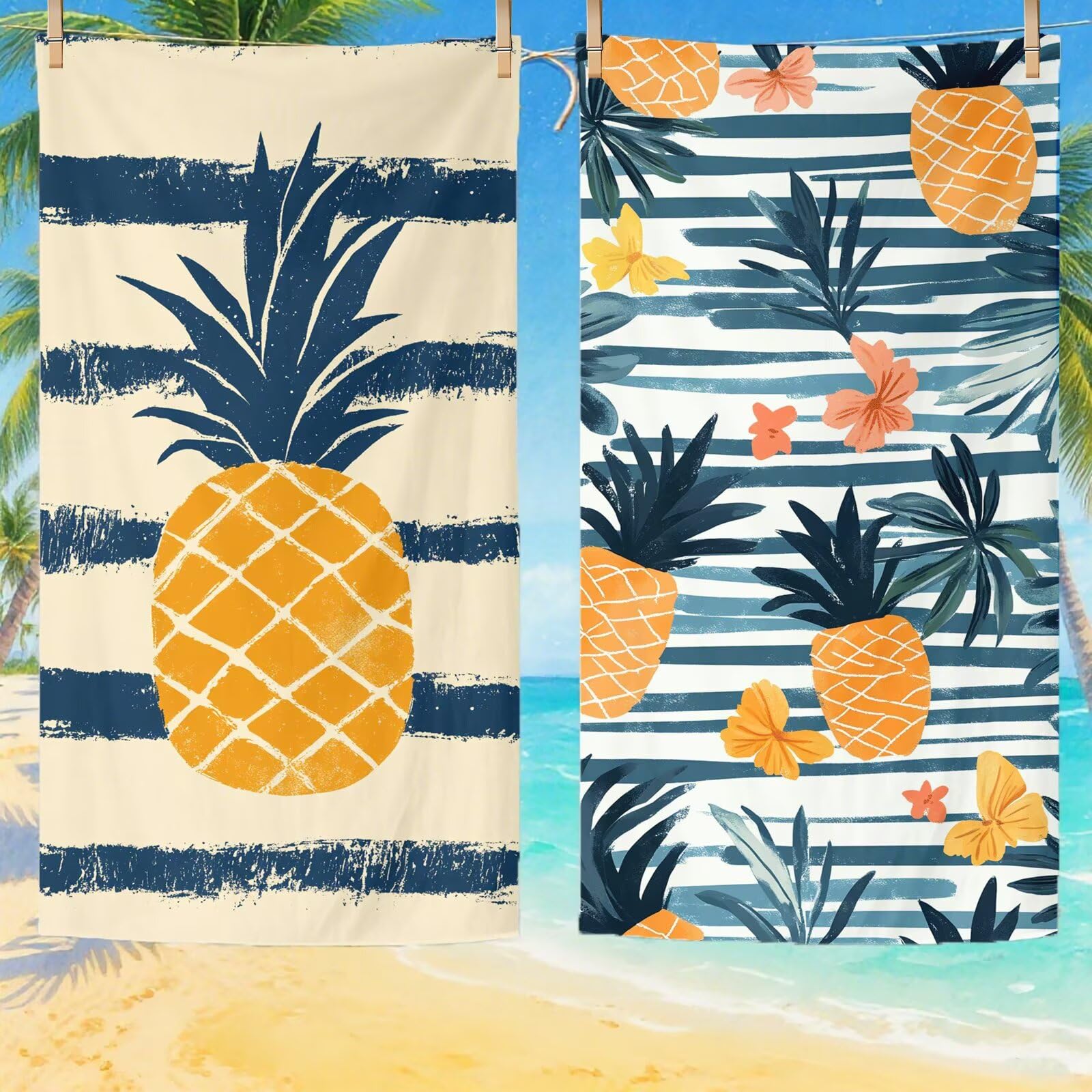 Serviette de Plage Microfibre Serviette Plage 100x220 2 Pack Séchage Rapide, Anti-Sable, Absorbante Fonction drap de plage xxl pour Bain, Sport, Voyages, Sauna, Piscine, Yoga, avec Sac Ananas Q-620