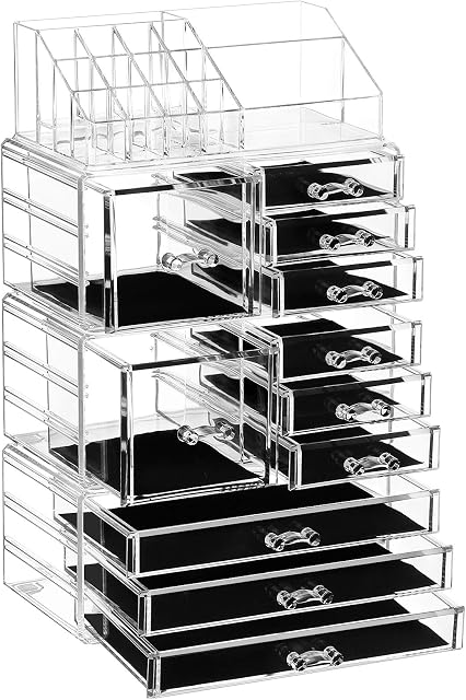 SONGMICS 4 in 1 XXL Makeup Organiser, Makeup Box with 11 Drawers and 15 Compartments in Different Sizes, Non-Slip Pads, for Cosmetics and Jewellery, Transparent JKA017TP