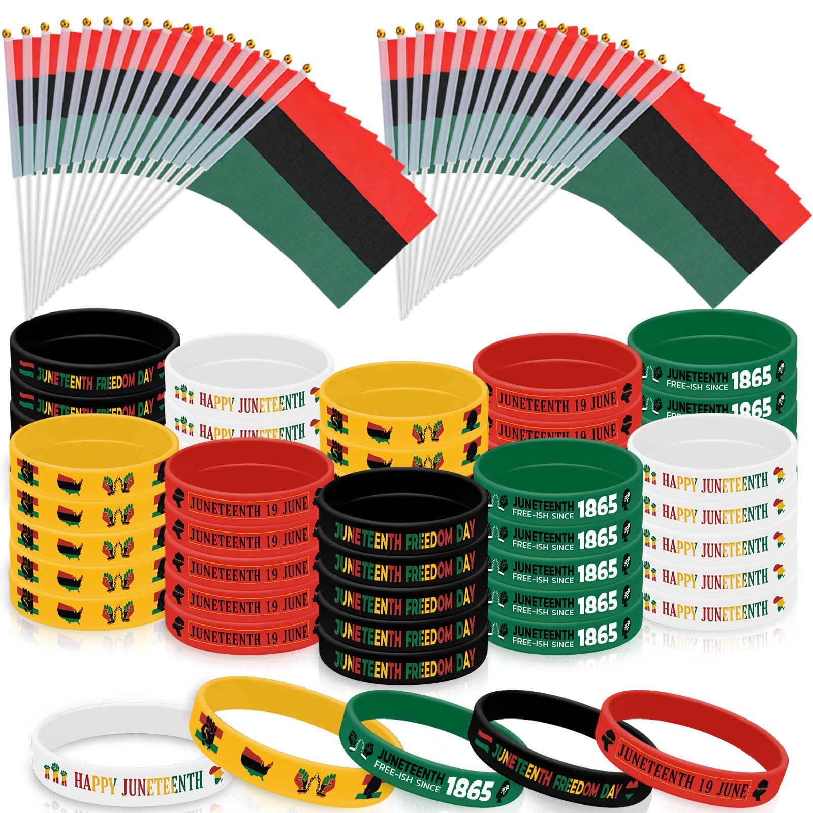 Liliful 100 Pcs Juneteenth Bracelets Bulk 50 Happy Juneteenth Silicone Wristbands 50 Small African Afro American Stick Flag Mini Hand Held Flag for