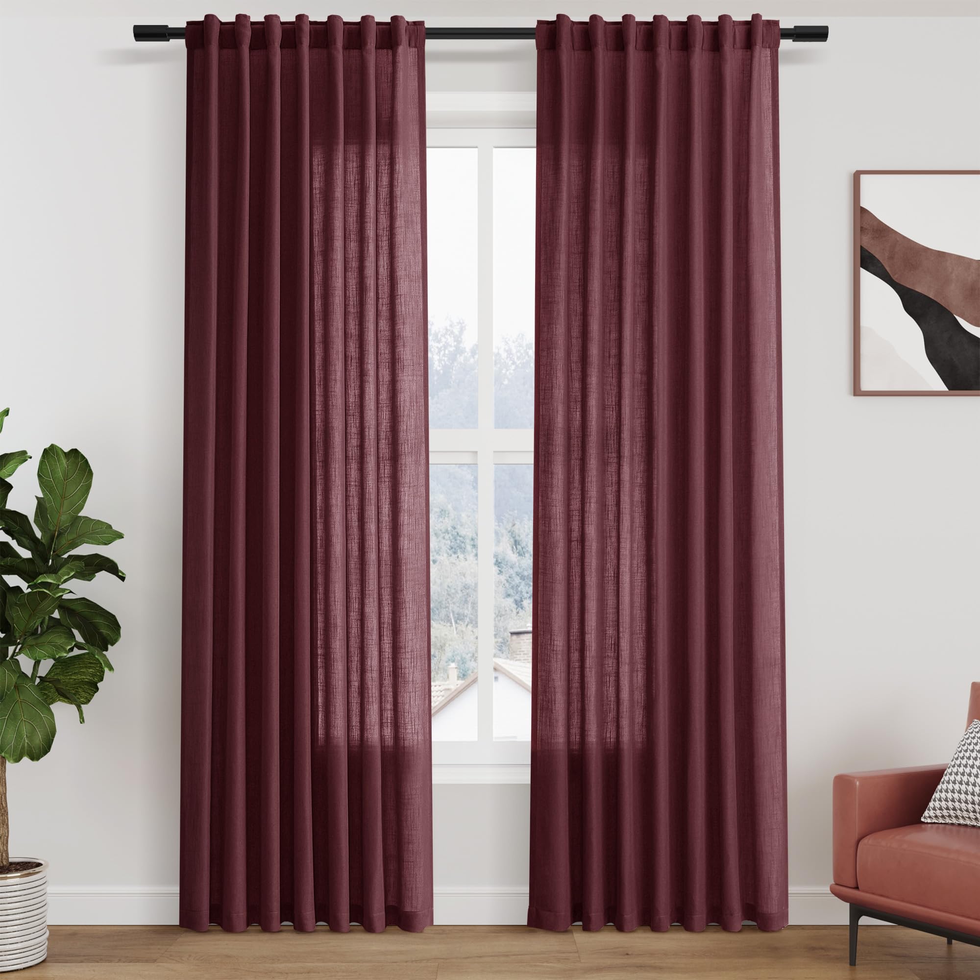 Photo 1 of Nanspring Burgundy Linen Curtains 84 Inch Length 2 Panels Set for Living Room Rod Pocket Back Tab Light Filtering Window Drapes for Bedroom Dining Room Protect Privacy Modern Farmhouse Decor 52x84