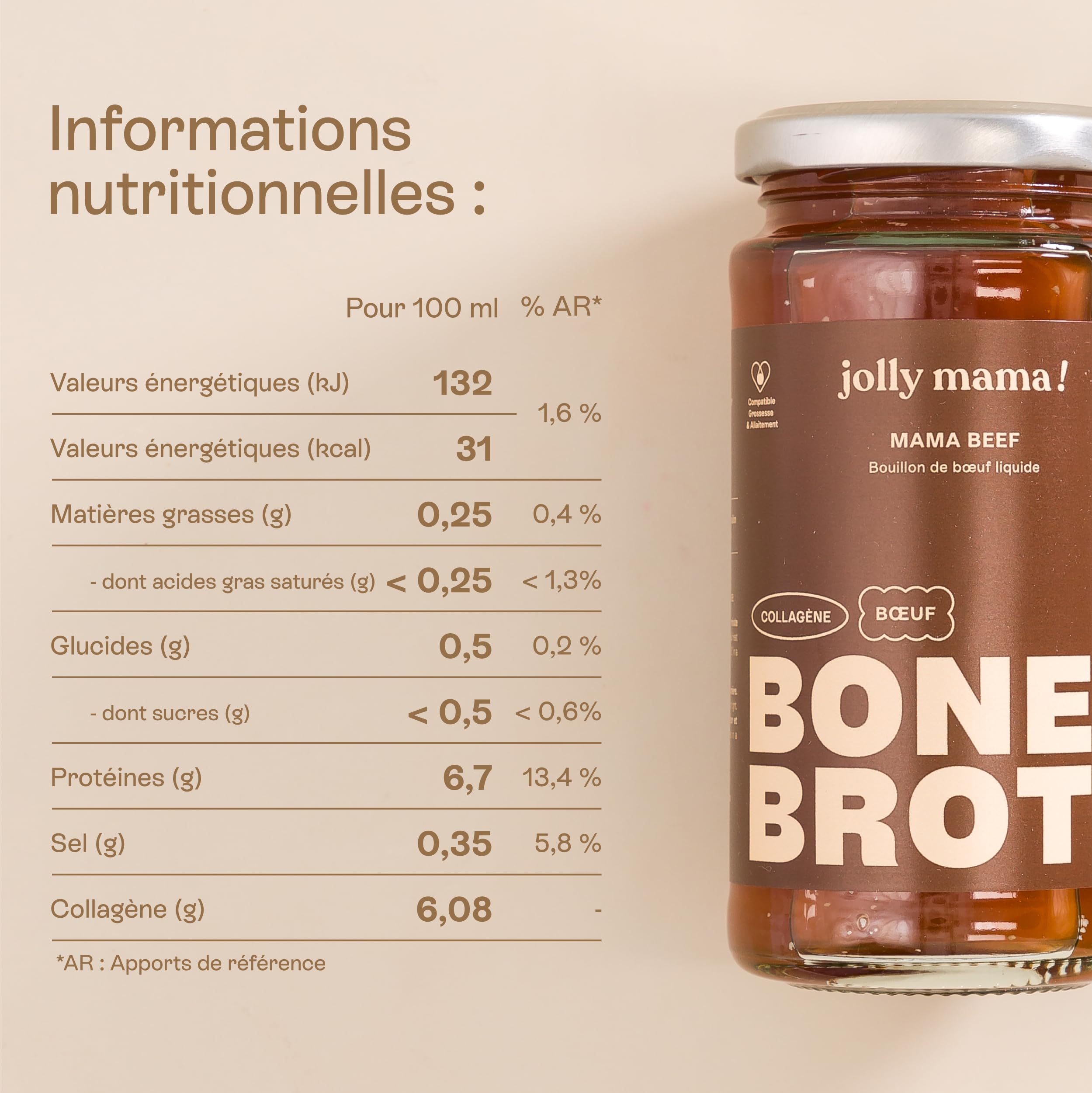 Jolly mama! Mama Beef | Bouillon de Boeuf Bio | Riche en Collagène | Idéal en Postpartum | Cuisson Douce Pendant 24 heures | Alternative Liquide à Collagène Poudre | Fabriqué en France | 6 X 240 ml