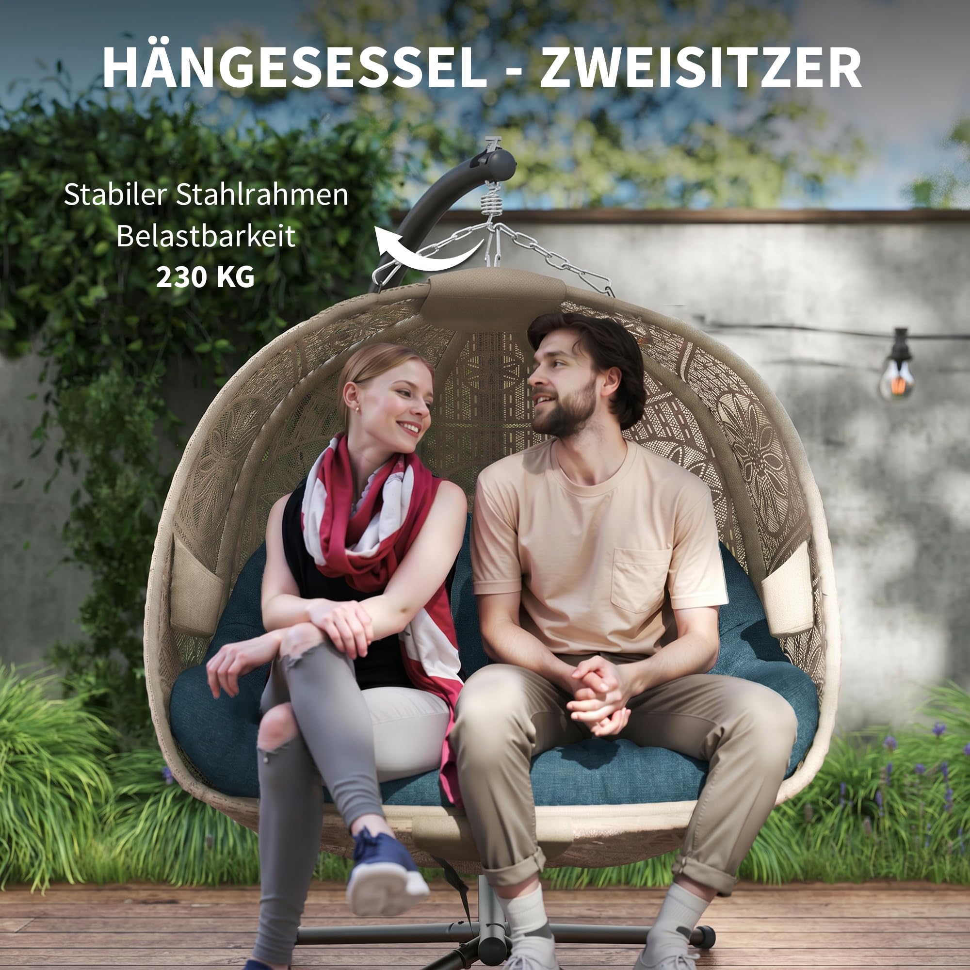 Outsunny Hängesessel mit Gestell, Eiförmiger Hängeschaukel mit abnehmbarem waschbarem Kissen, Hängematte für 2 Personen, Schaukelsessel Indoor Outdoor, Sand+Schwarz