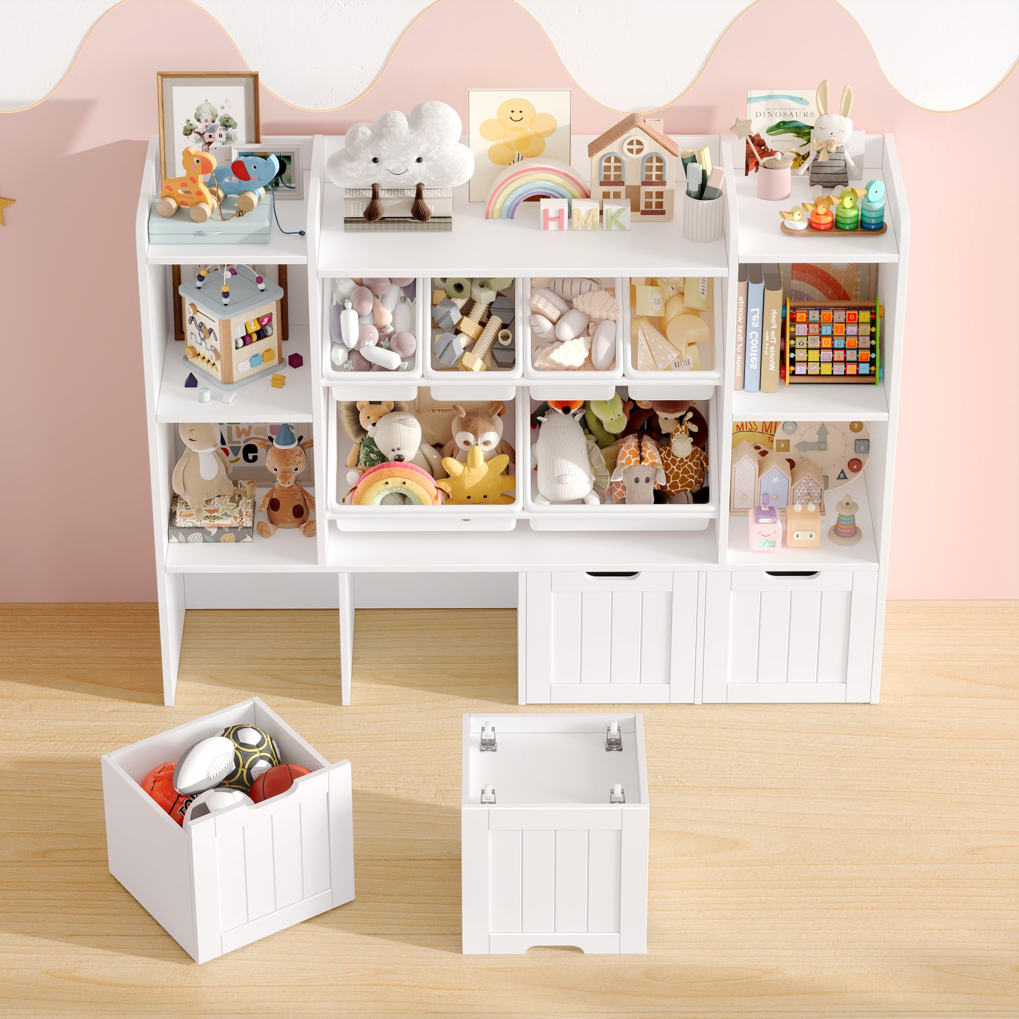 FOREHILL Scaffale per Giocattoli con Cassetti su ruote 140x30x106cm Bianco | Scaffale Portagiochi bimbi con 6 Scatole Rimovibili,Archiviazione per Peluche,Altezza adatta bimbi,Per Camerette, Sale Giochi