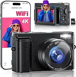 Câmera digital 4K para fotografia, WiFi 64MP 180° tela flip 7.6 cm câmera vlogging autofoco para YouTube, zoom 16X Compact Point e Shoot Câmeras para iniciantes com cartão de 32 GB, 2 baterias