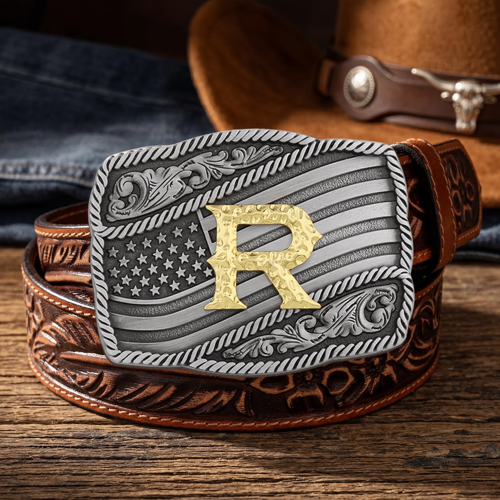 Western Cowboy iniziale lettere A-Z bandiera americana fibbia cintura per uomo festa del papà fidanzato marito