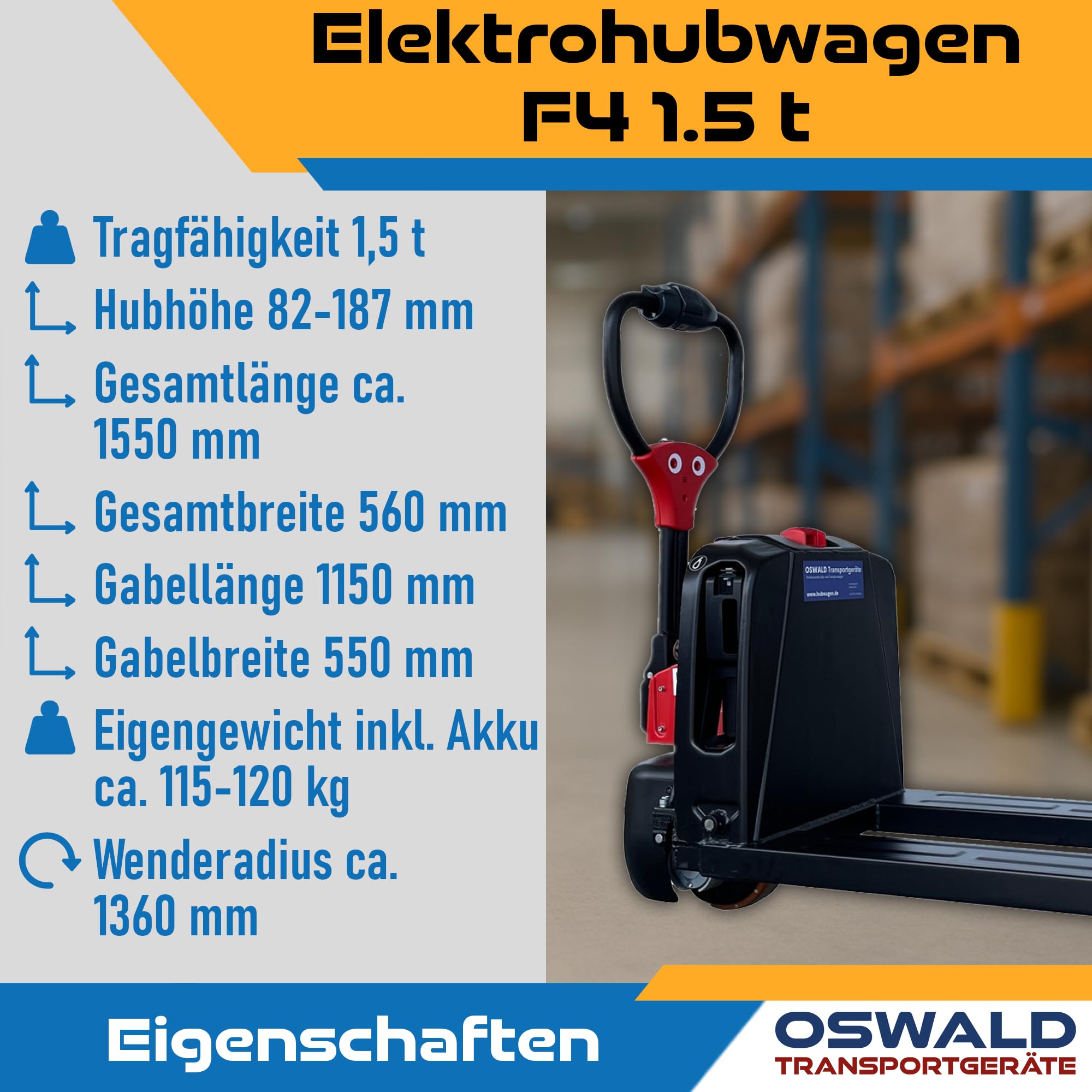 Elektrohubwagen F4 1,5 t voll-elektrisch Lithium-Ionen Akku Hubwagen elektrisch 1500 kg