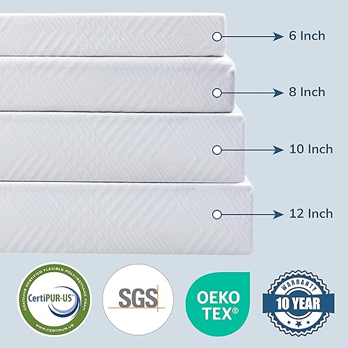 Miniatura 8 de MLILY EGO Colchón de espuma viscoelástica de 10 pulgadas en color blanco, individual, con gel de té verde en una caja, certificado CertiPUR-US,