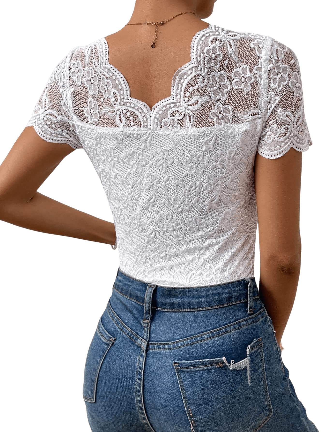 GORGLITTER Damen Body Elegant Spitzenbody Kurzarm V-Ausschnitt Bodysuit
