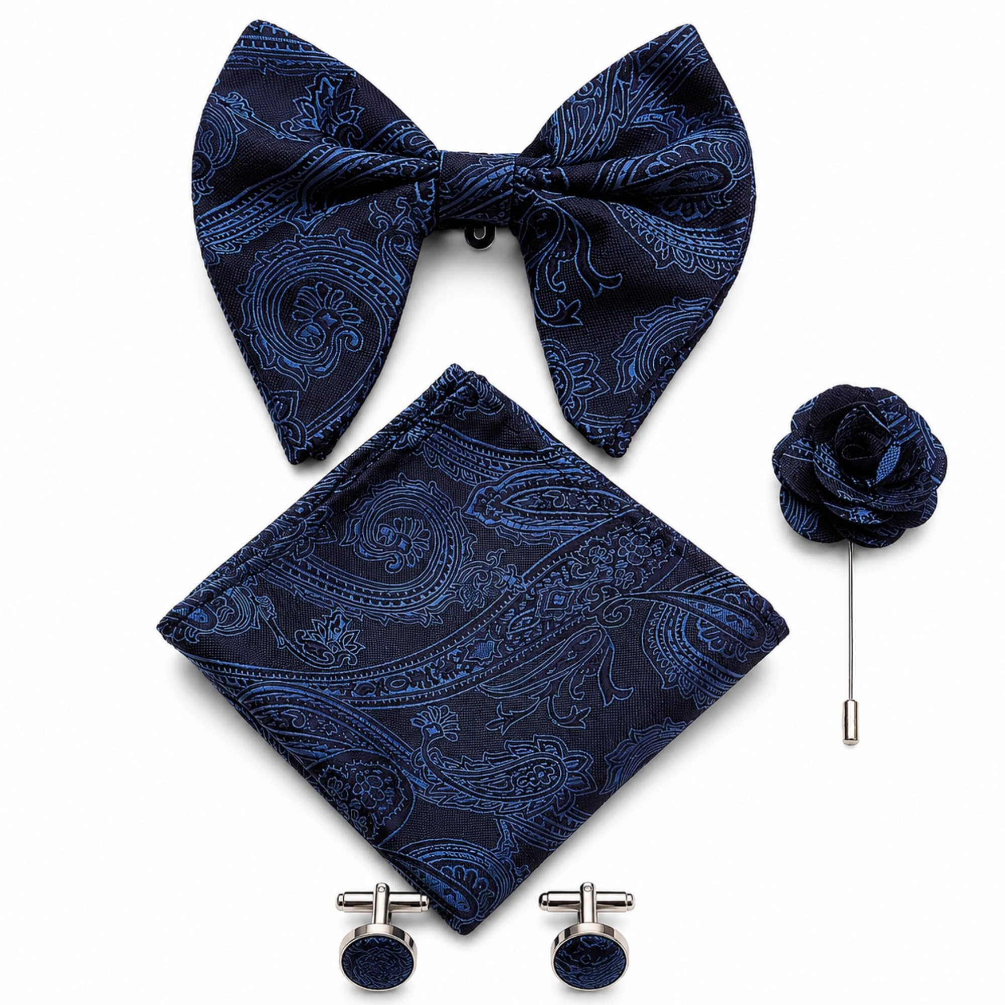 voici France Men's Paisley Bow Tie Gift Set with Pocket Square, Lapel Flower & Cufflinks | Formal Wedding Tuxedo Accessories (4 Pieces)-picture-33