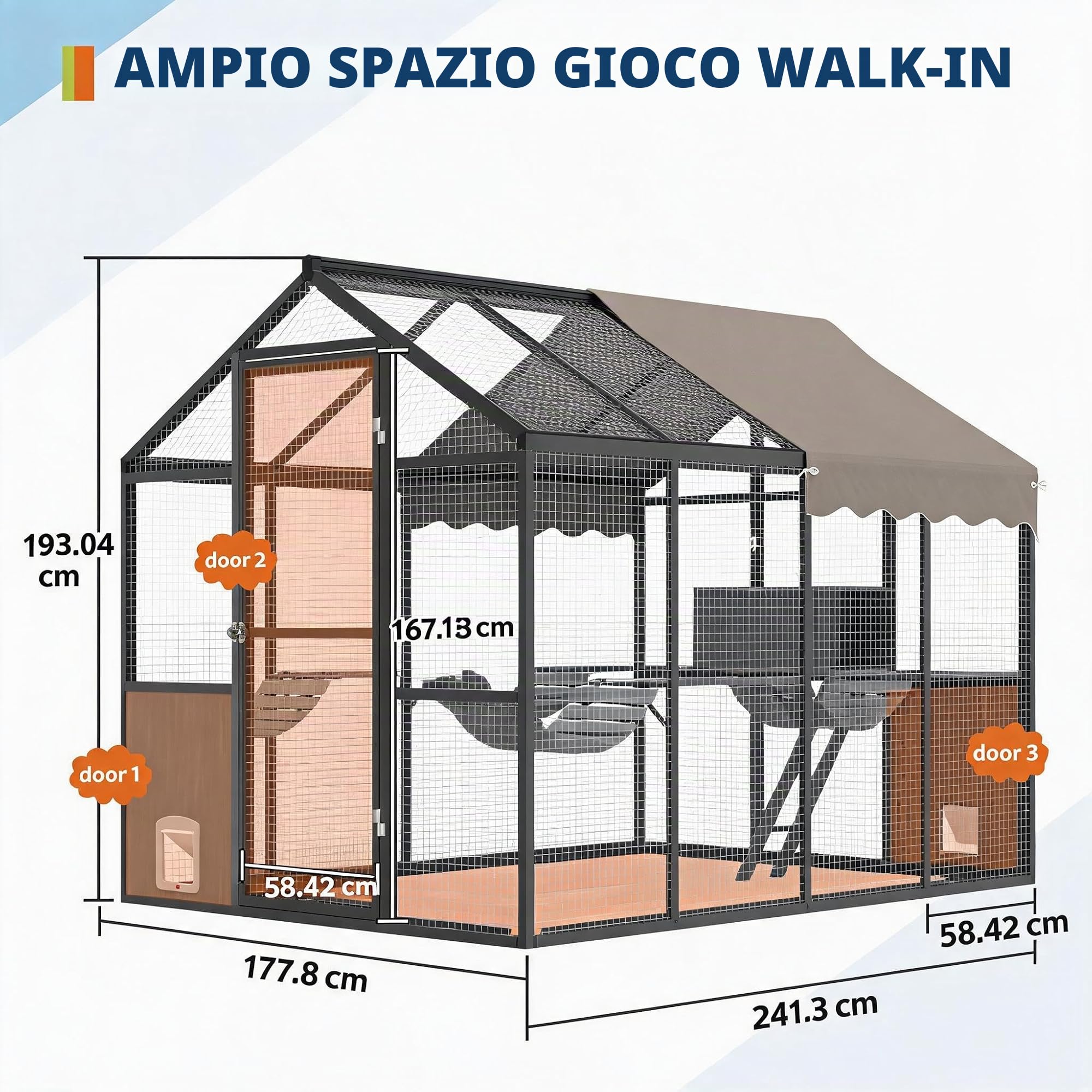 Garvee Recinto gatti da esterno ampio in alluminio – Catio walk-in con canale – Porta laterale – Copertura UV e piattaforma – Ideale per più gatti – 190-4 Cat Room