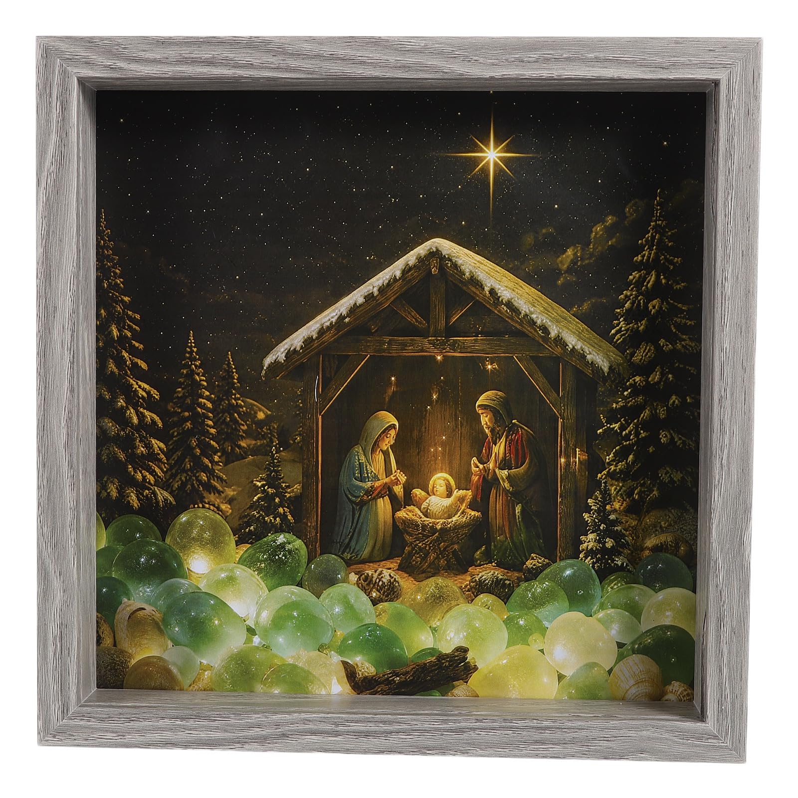 Zerodeko Caja decorativa navideña con diseño de belén: marco de fotos navideño con iluminación LED, marco de madera rústica para fotos navideñas, alimentado por USB para mesa, repisa o chimenea,
