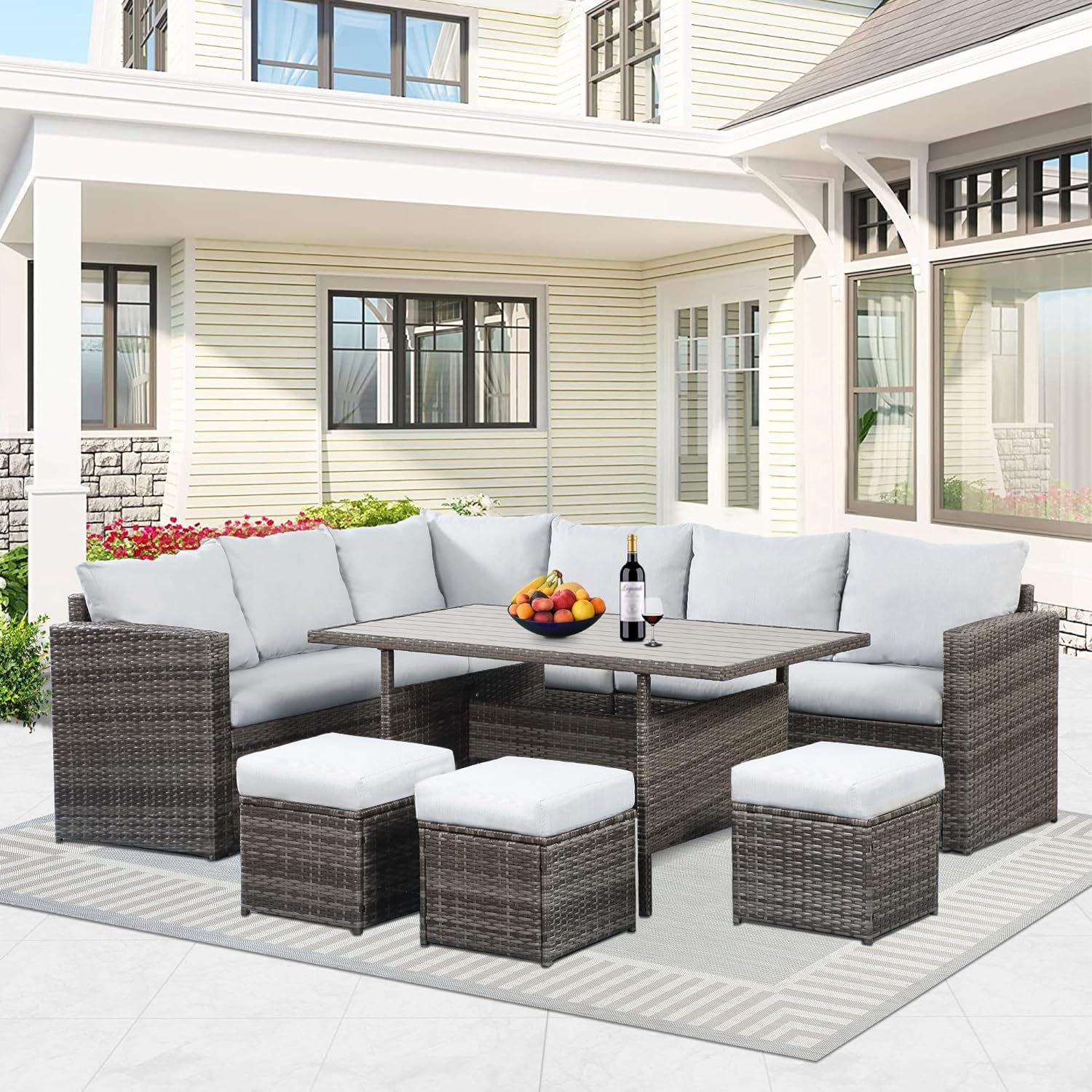 Solaste 7 Piece Patio Furniture Set, All Weather Wicker Patio Conversation Sets with Cushion Seat & Pillows, Outdoor Dining Set, Patio Furniture Outdoor Sectional, Grey