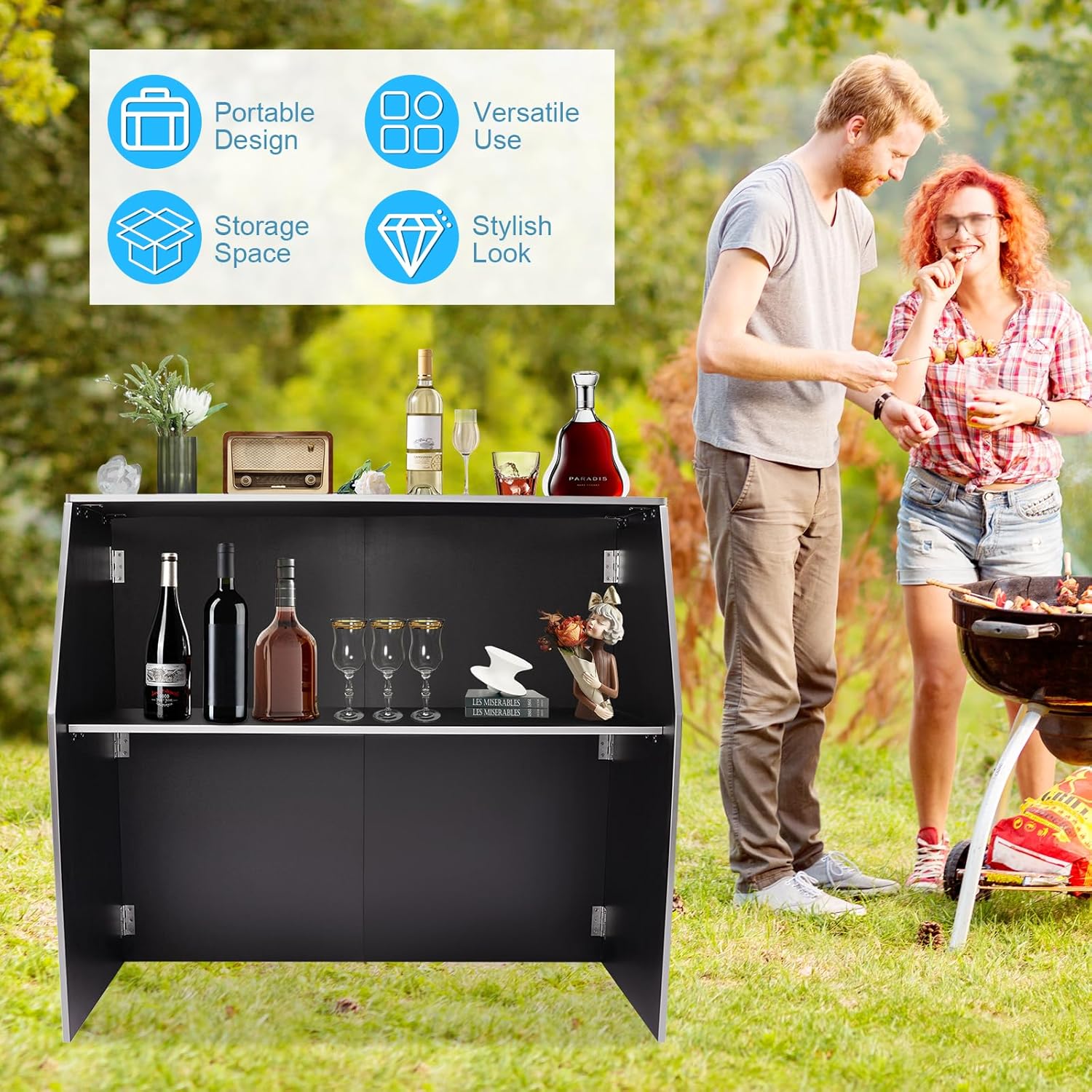 Portable Folding Event Bar, Mobile Bartender Station with Top and Middle Shelves, Mobile Foldable Bar Cabinet for Parties, Events, and Home Use (Black and White)