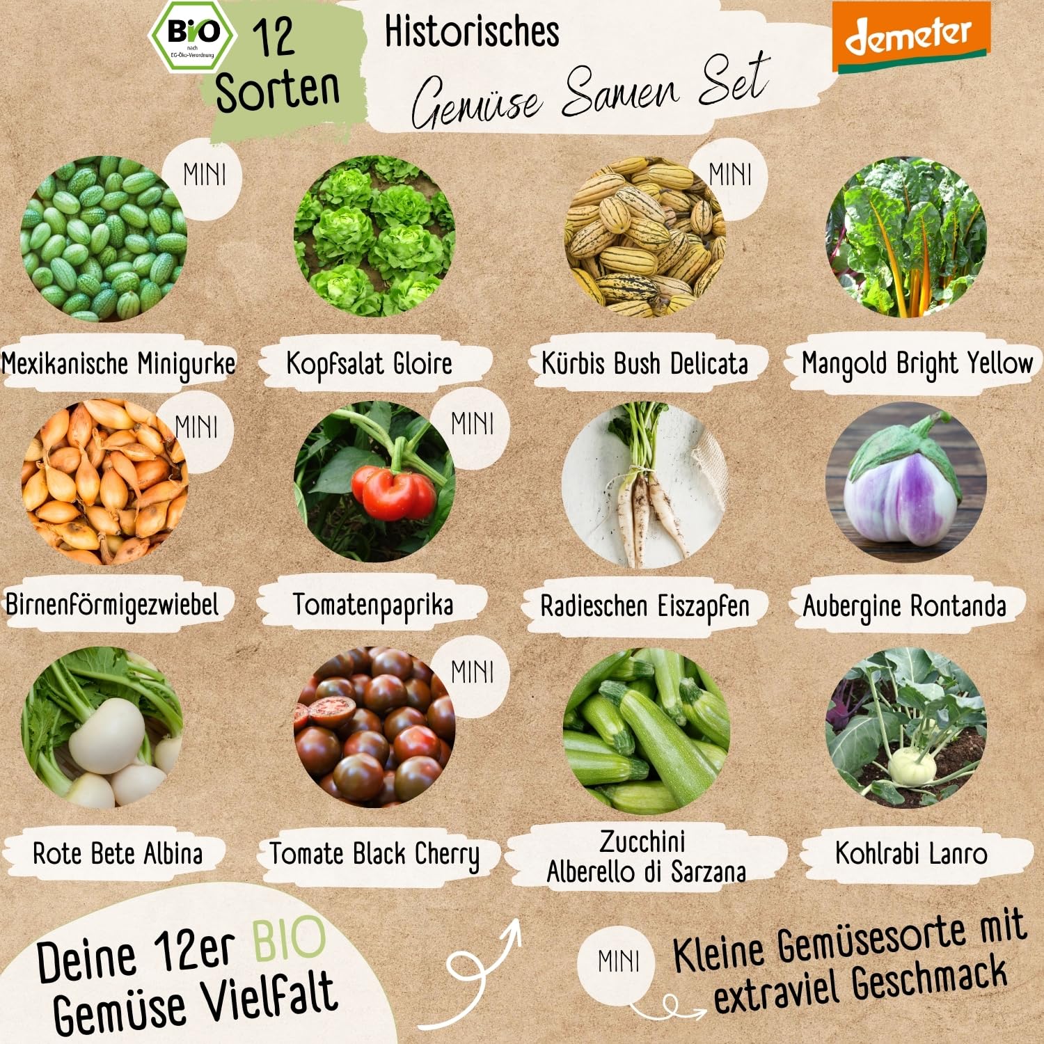 BIO Historisches Gemüse Samen Set - 12 Sorten Demeter Gemüse Saatgut | Seltene u. alte Gemüsesamen allesamt samenfest | alte Gemüsesorten für Balkon, Hochbeet, Garten & als Geschenk | Loveplants