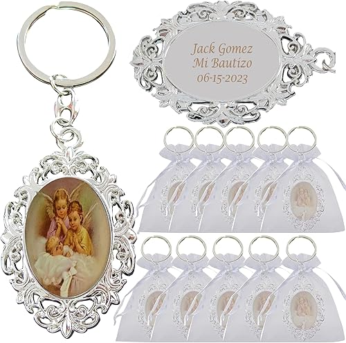 WE Recuerdo de fiesta de bautismo personalizado (12 piezas) - Llavero de metal de ángel de la guarda personalizado Recuredos de bautizo regalo de