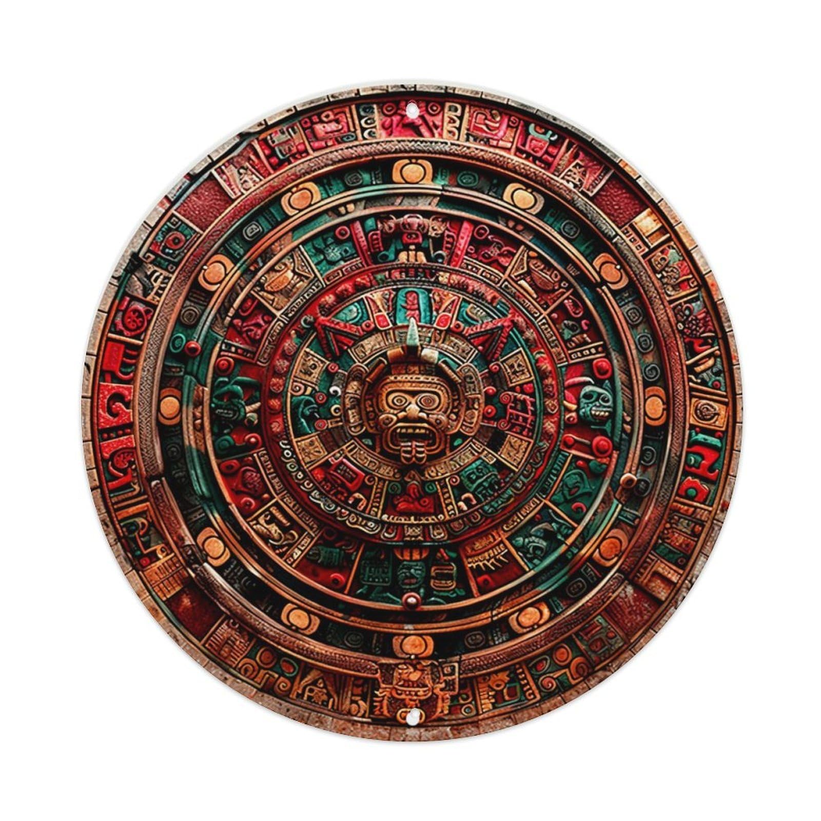 Ancient Aztec Calendar Stone Design_1 Vintage Metal Tin Sign Retro Wall Decor for Home Bar Garage Cafe, Indoor & Outdoor Decorative，circle Metal Poster, 8x8 Inch