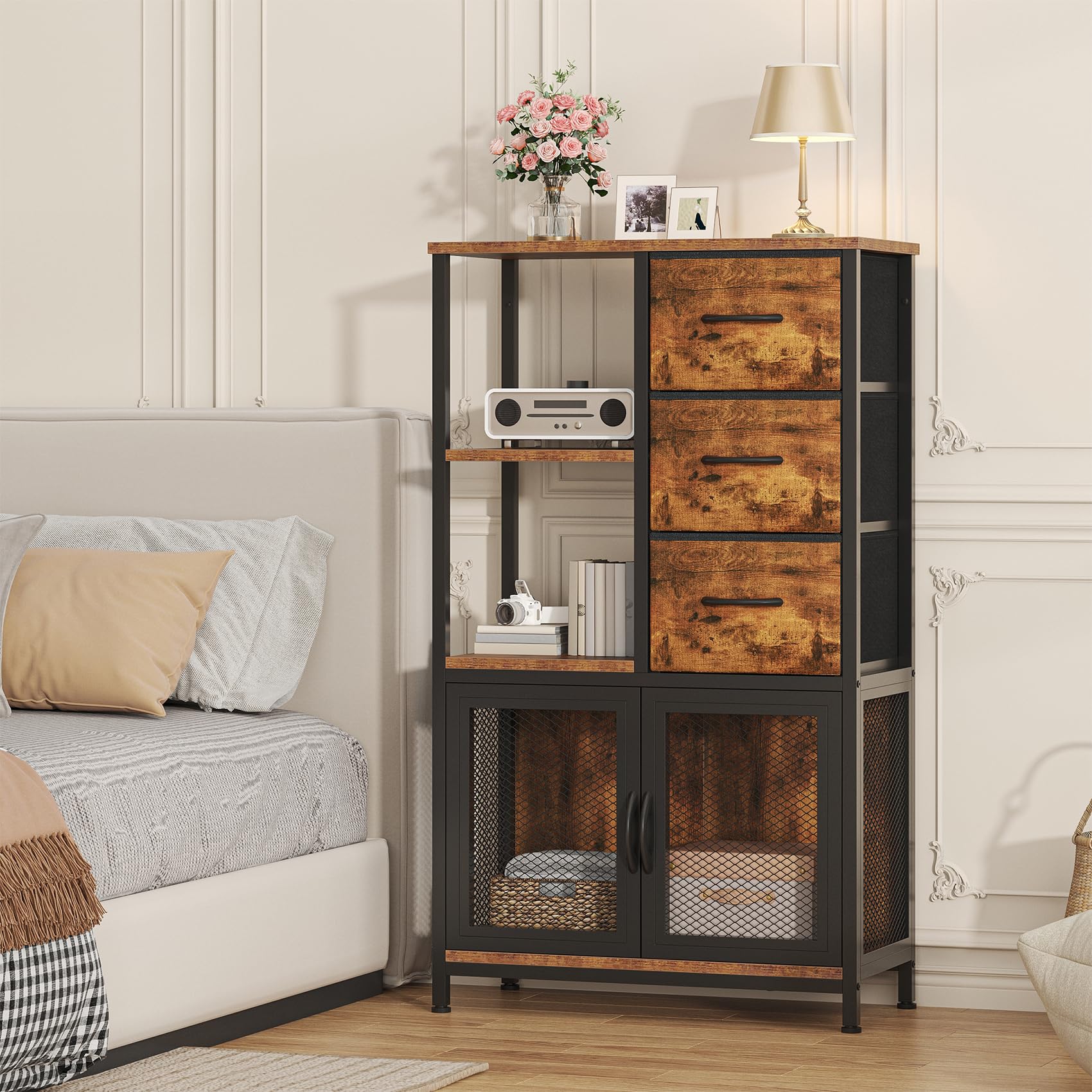 Feonase 3 Drawer Fabric Storage Cabinet with Open Shelves and Double Mesh Doors, Narrow Bedroom Storage Unit with Steel Frame and Wood Top for Hallway, Living Room or Home Office, Rustic Brown
