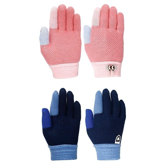 FabSeasons Acrylic Woolen Winter Gloves for Girls & Boys, fits for 1-3 years. Pack of 2 ([Peach, Dark Blue)