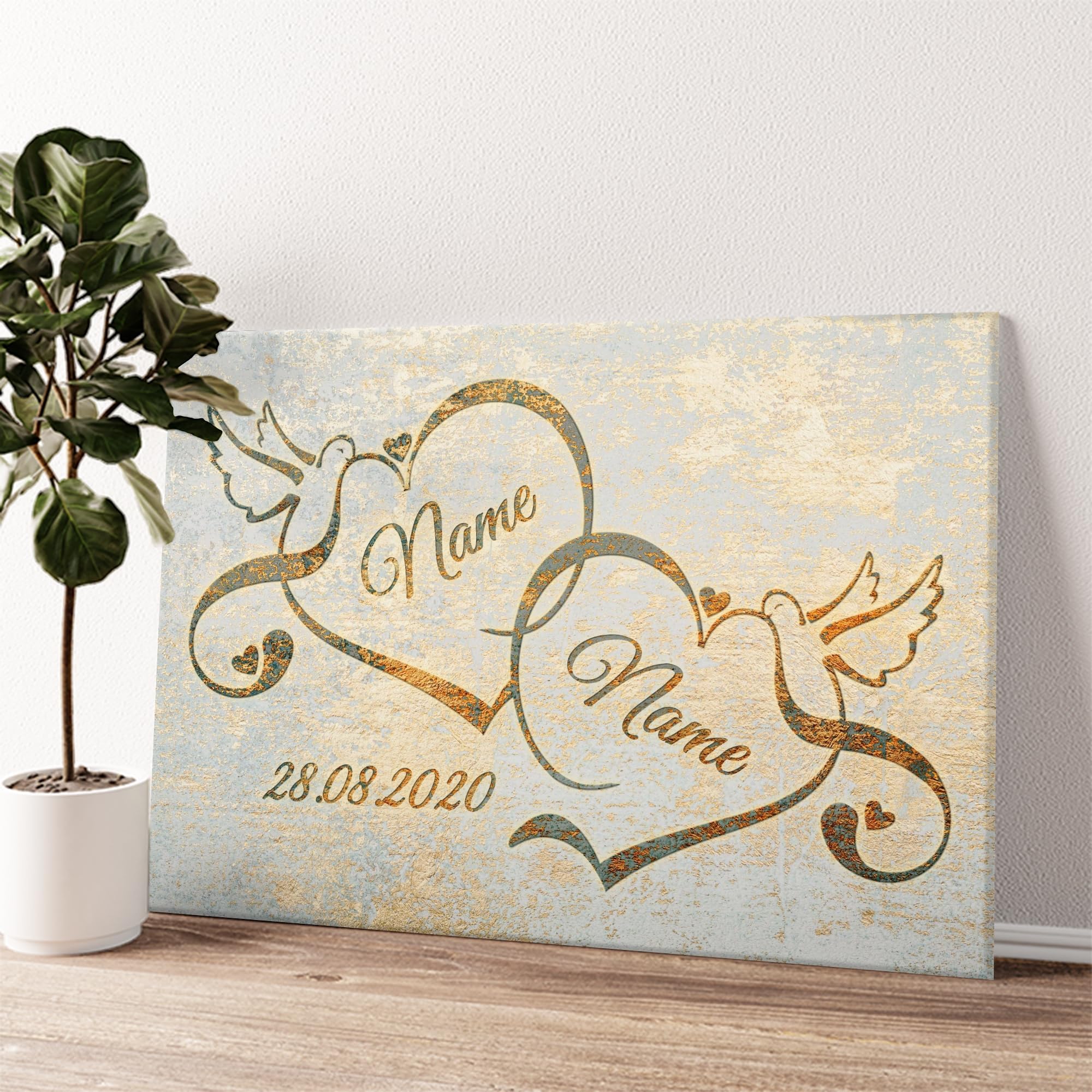 Liebesleinwand Leinwandbild personalisiert | Leinwand gestalten mit Namen und Datum Geschenk für Partner | Liebesvögel