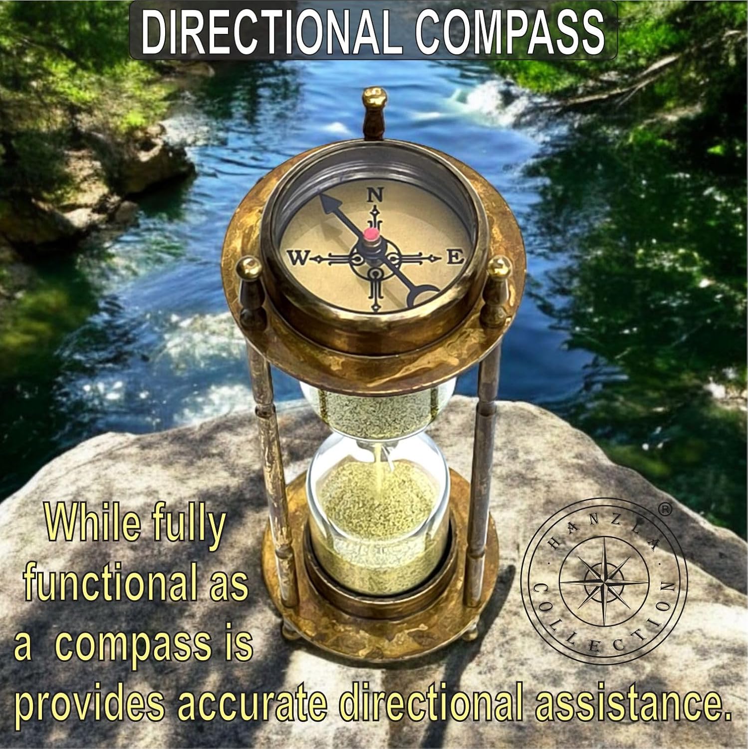 Brass Compass Hourglass with Jute Case Nautical Maritime Sand Timer Vintage Hour Glass Metal Sand Watch Sand Clock Decorative Sandglass for Gift & Home Office Desk Decor