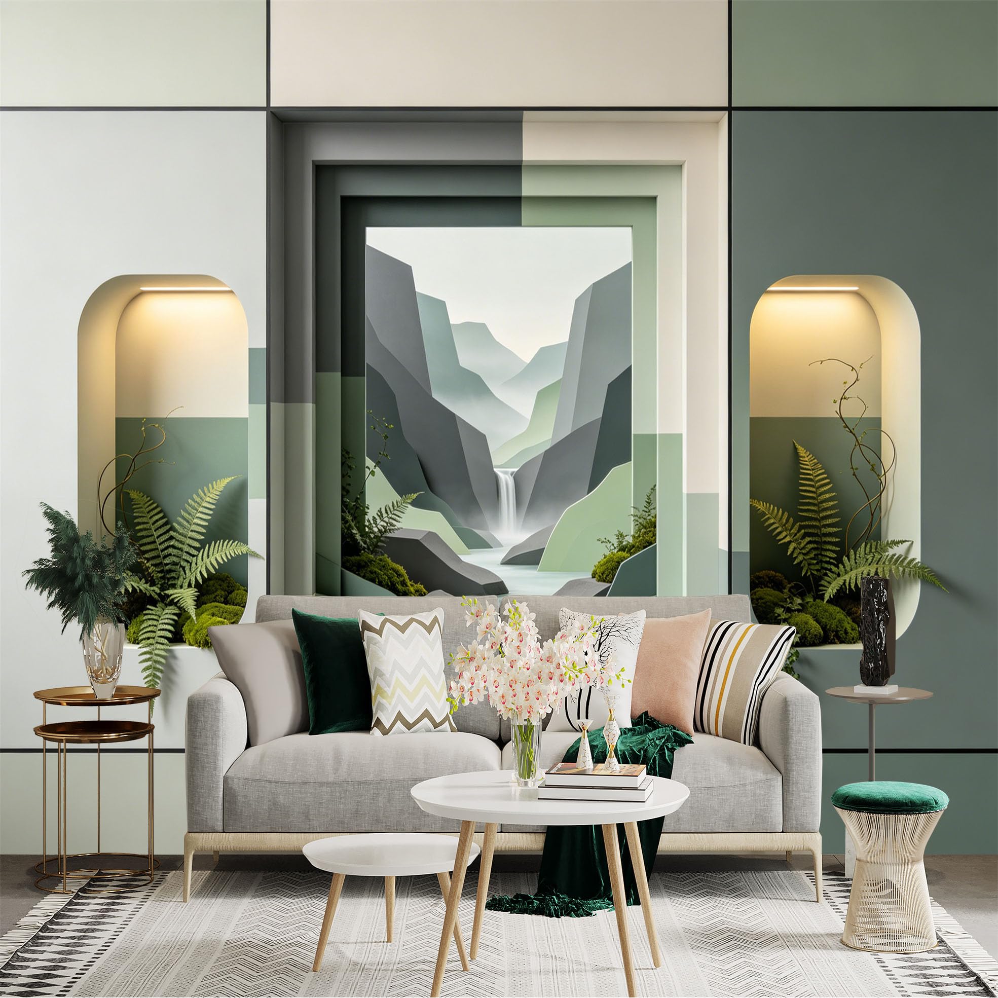 Custom Size Wall Sticker Mural， Geometric Landscape with Waterfall， Mountains and Ferns， for wall Decoration， peelandstick wall Decals.
